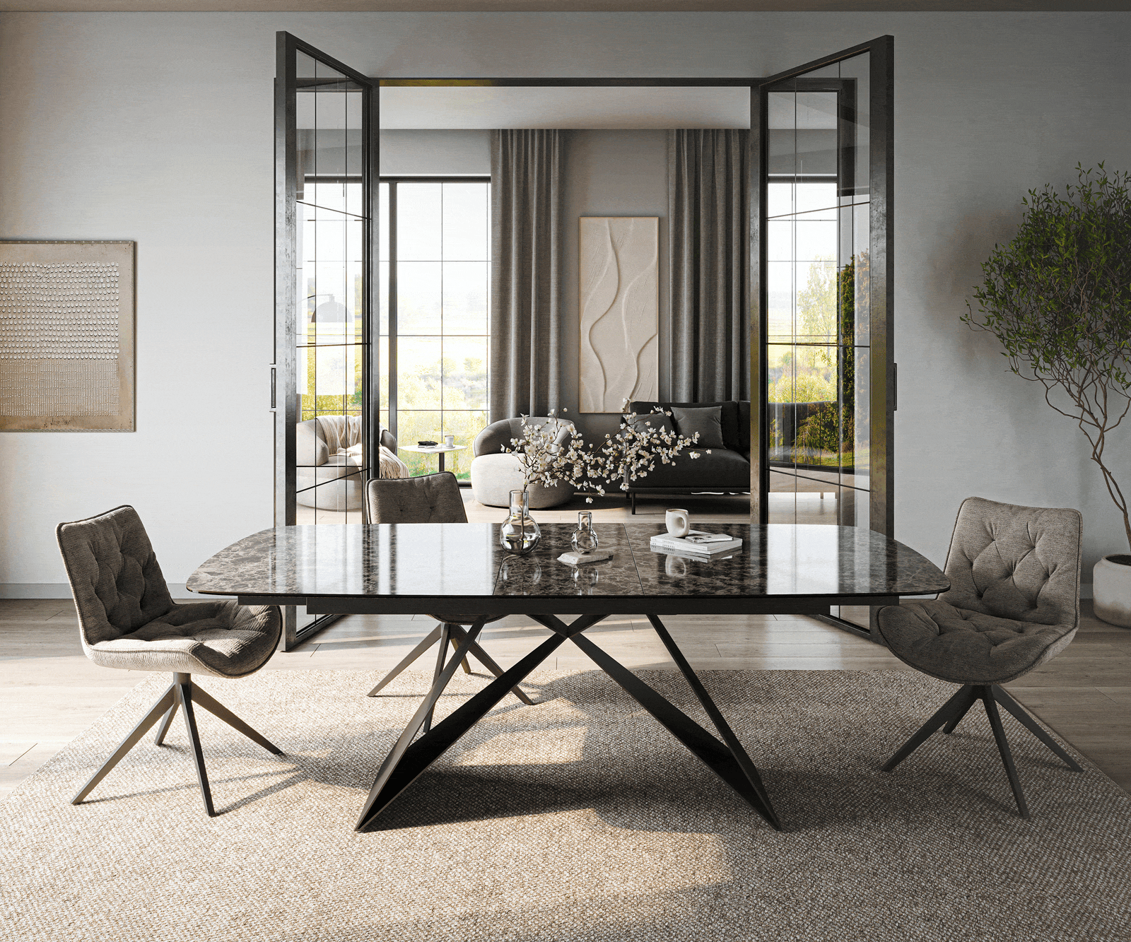 Esstisch Edge Boot 180-220x100 cm Keramik Emperador Extra Lucidato Dunkelbraun V-Gestell Flachstahl Schwarz ausziehbar 2