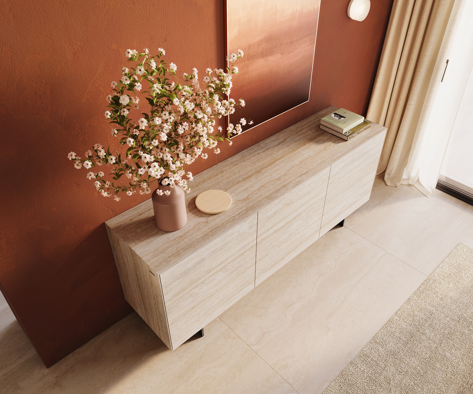 Sideboard Cuor 180 cm Keramik Laminam® Travertino Bianco Creme-Weiß 2 Türen 3 Schubfächer Fuß Schwebeoptik Metall Schwarz 4