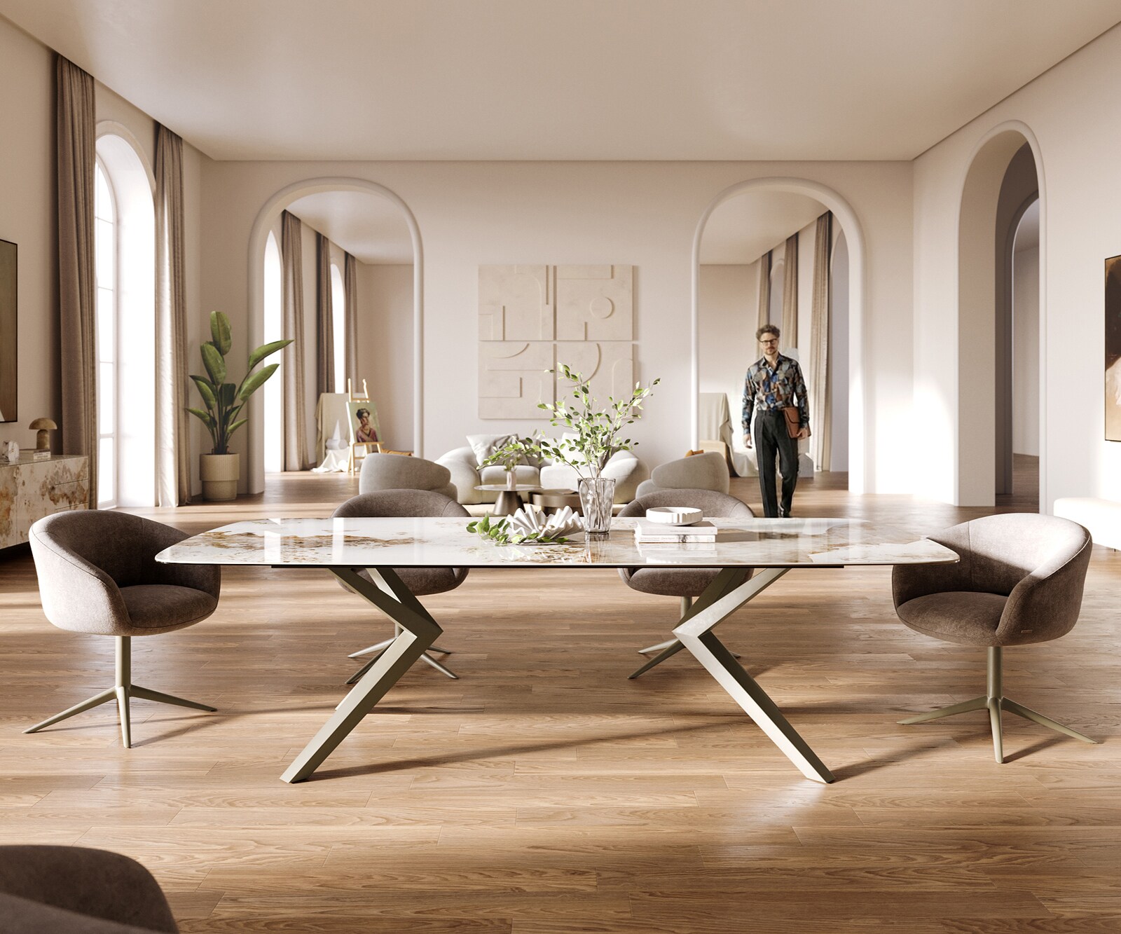 Esstisch Edge Boot 260x120 cm Keramik Minas Melange Weiß-Beige Zenthara kantig Metall Effektfinish Titan 2