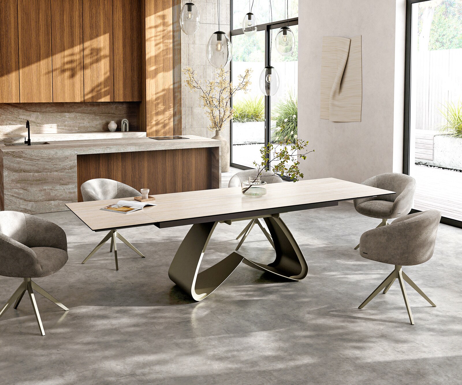 Esstisch Edge 200-300x100 Keramik Laminam® Travertino Bianco Creme-Weiß W-Gestell Effektfinish Titan ausziehbar 7