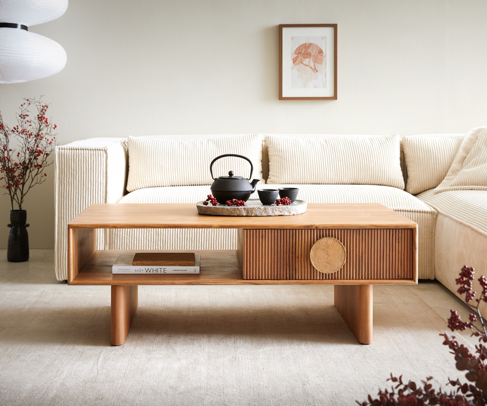 Couchtisch Surimu 115x60 cm Akazie Hellbraun 2 Schubladen Kork-Griff Holzfüße 1