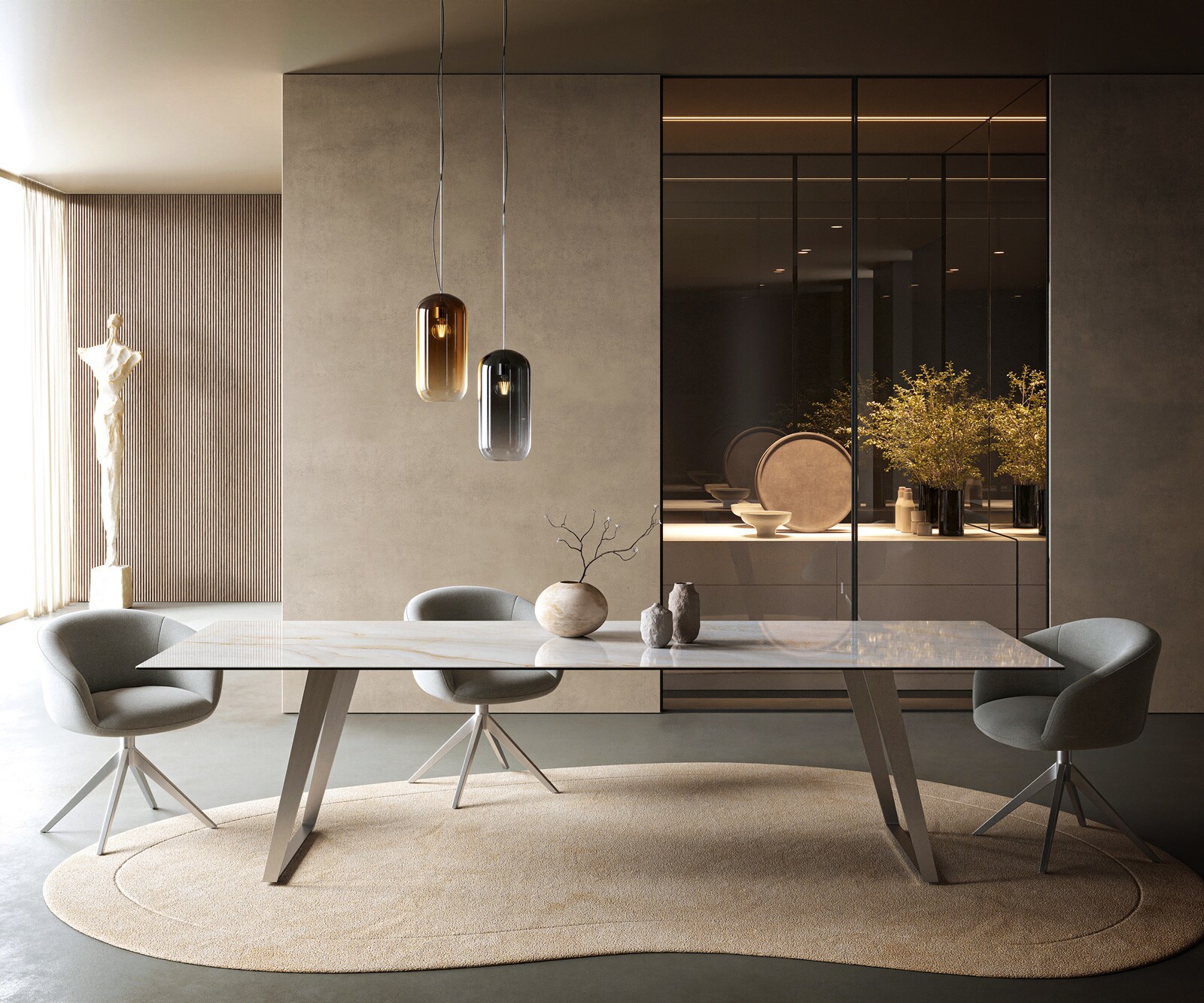 Esstisch Edge 300x100 cm Keramik Onyx Pearl Edelstahl Schräg 2