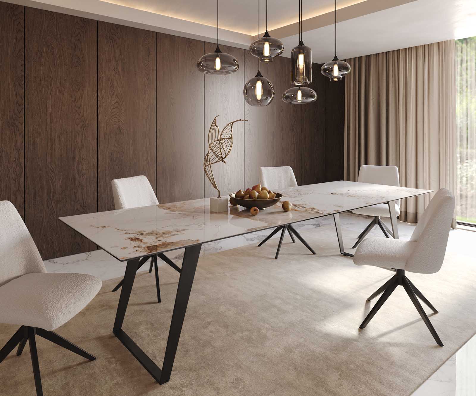 Esstisch Edge 300x100 Keramik Minas Melange Weiß-Beige Metall Schräg Schwarz 1