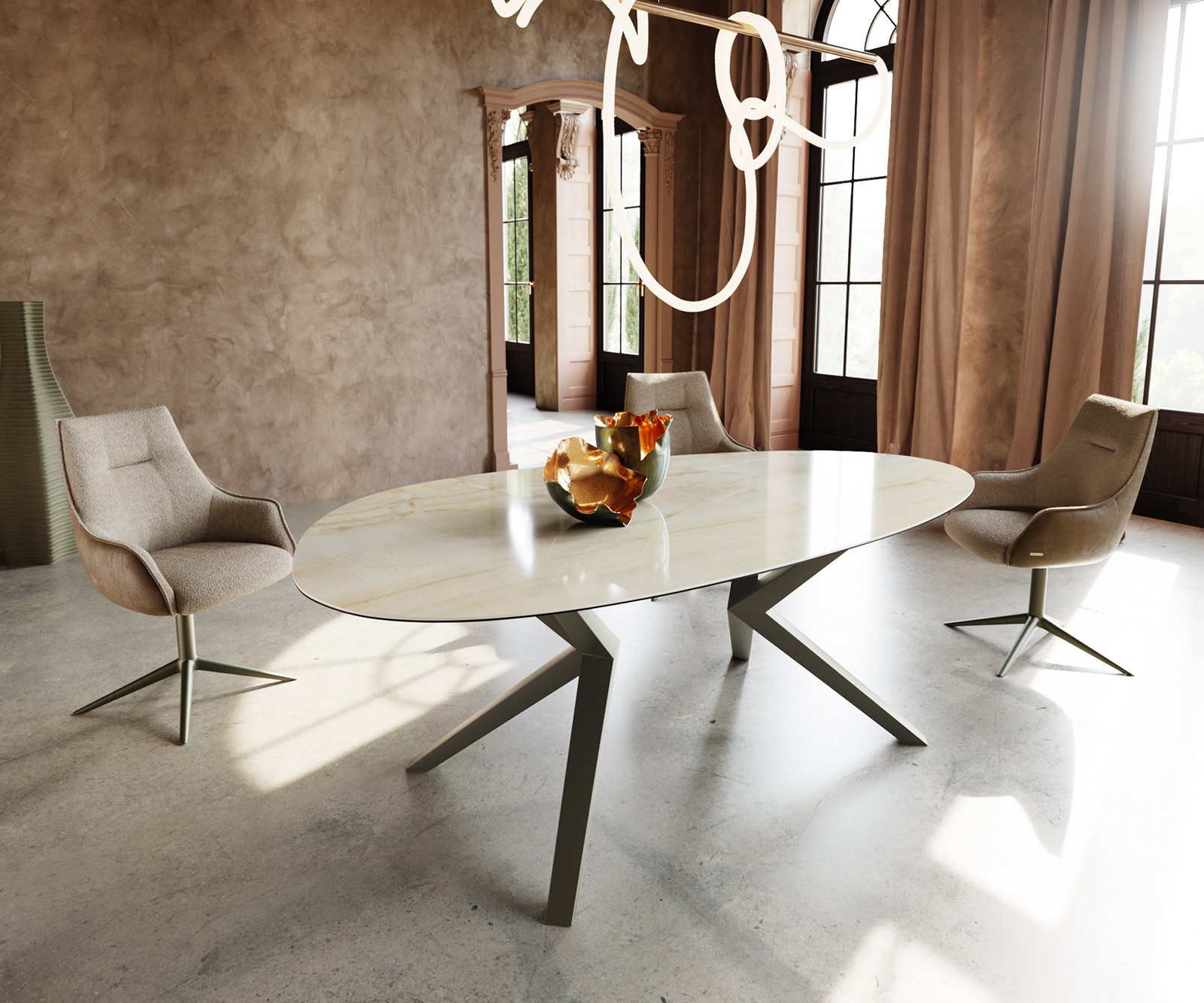 Esstisch Edge Oval 220x120 Keramik Iris FMG Onice Oro Zenthara kantig Metall Effektfinish Titan Esstisch Edge Oval 220x120 Keramik Iris FMG Onice Oro Zenthara kantig Metall Effektfinish Titan
