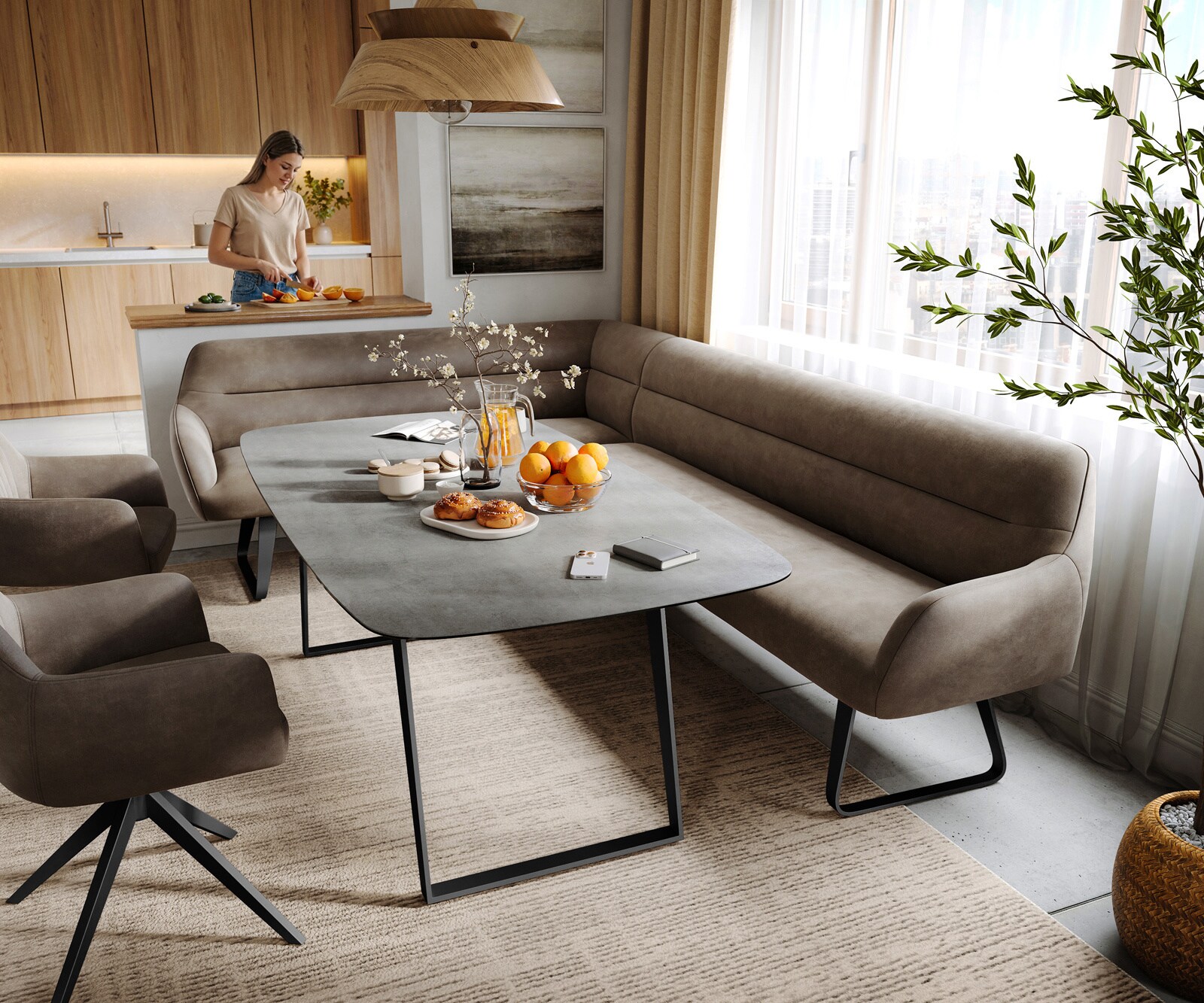 Esszimmerbank Taya-Flex 285x190 cm Mikrofaser Taupe Vintage Kufengestell flach Schwarz Taschenfederkern Rechts