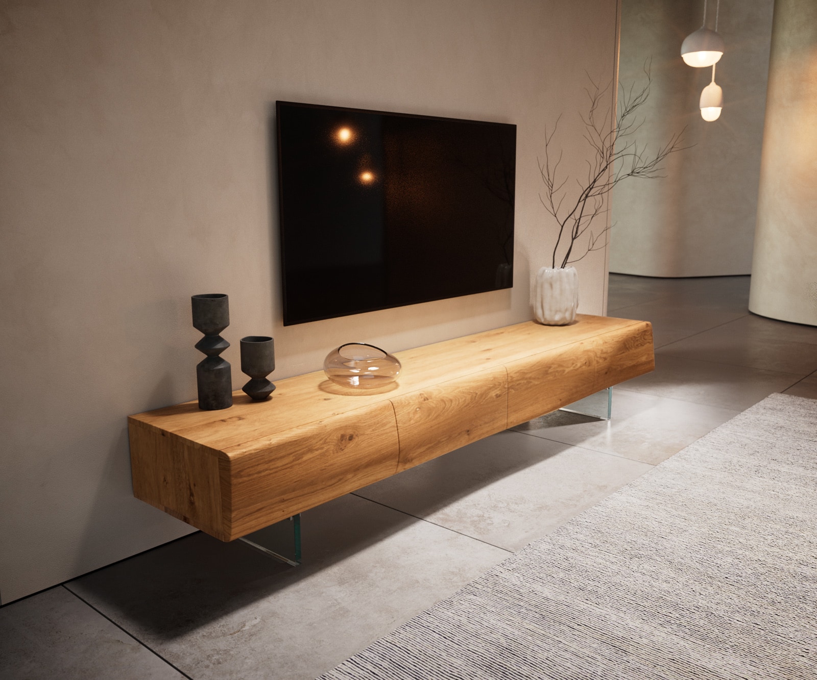 Lowboard New Live-Edge 200 cm Eiche Natur 4 Türen Glasfuß 4