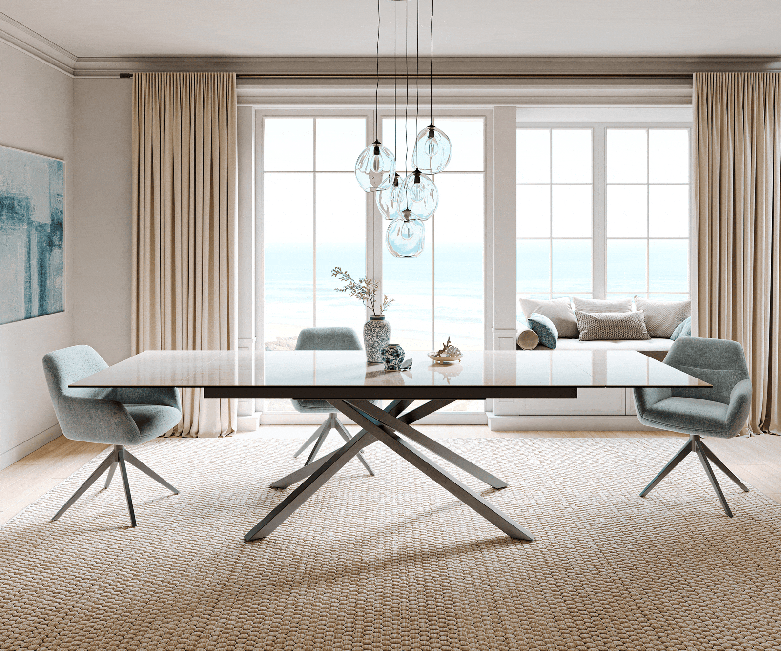 Esstisch Edge 200-300x100 cm Keramik Onyx Champagne Kreuzgestell Rechteck Edelstahl Graphit ausziehbar 2