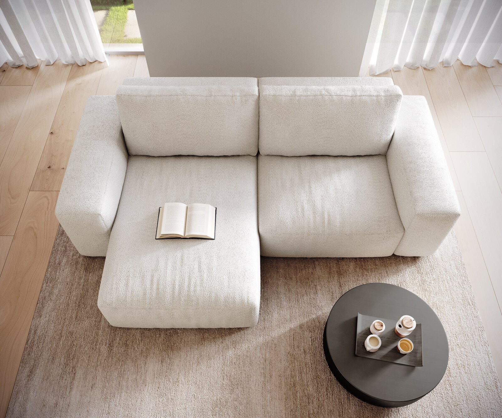 Ecksofa Lanzo 230x155 cm Bouclé Creme-Weiß Recamiere variabel 3
