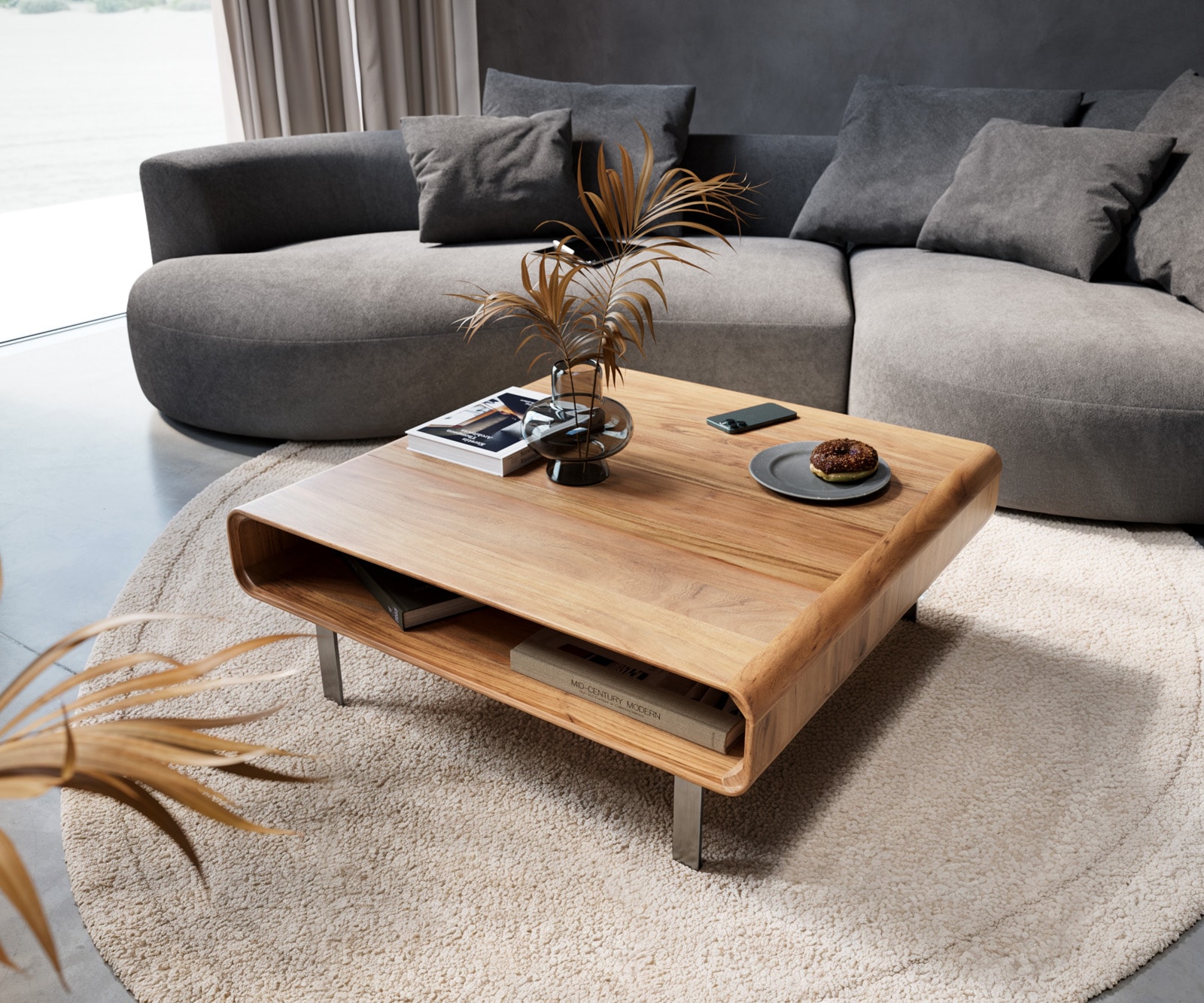 wohnzimmertisch anaya akazie natur 90x90 cm 1 fach l-fuß edelstahl  couchtisch