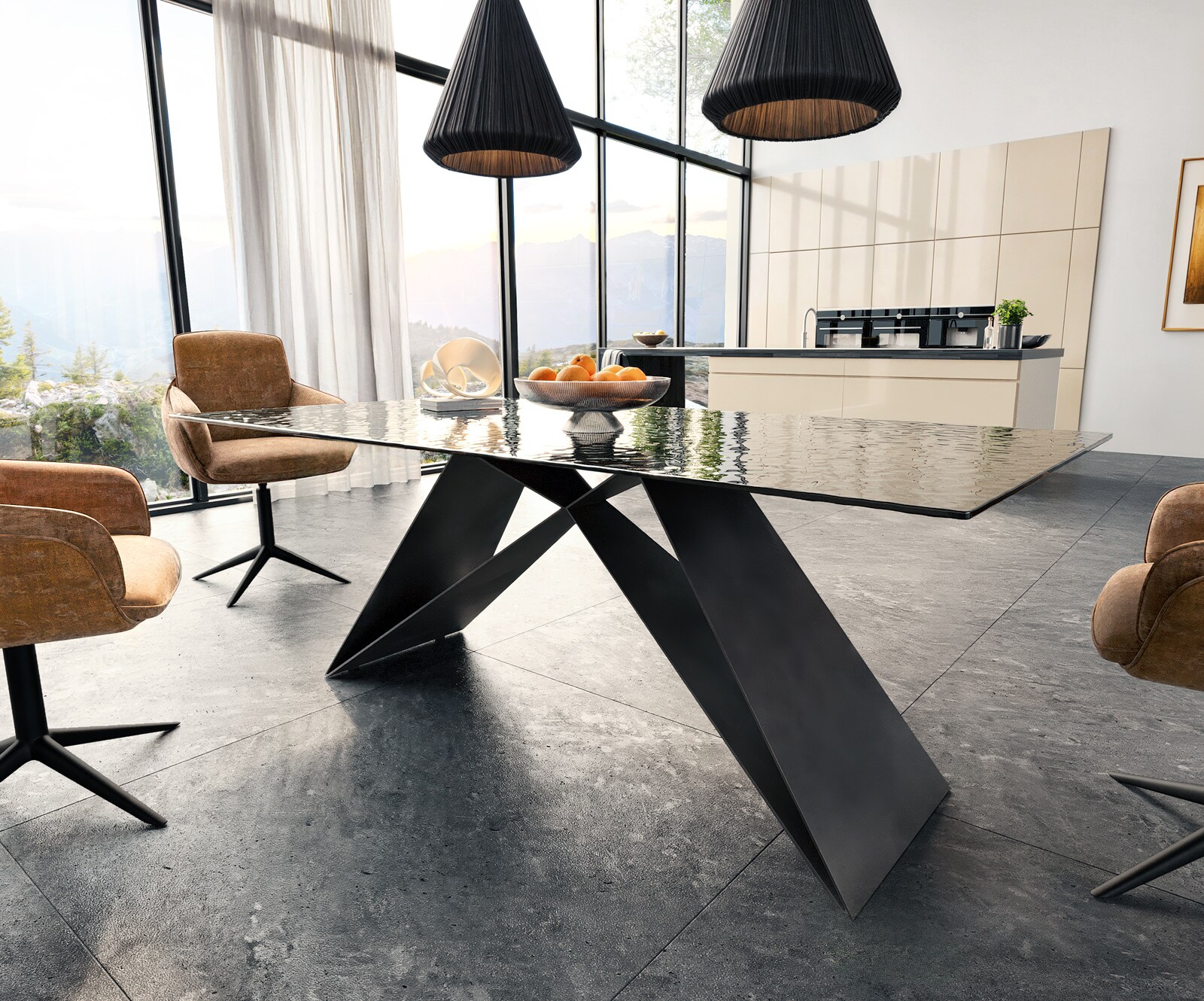 Esstisch Edge 200x100 Reliefglas Rauchschwarz 3D-Design V-Gestell Flachstahl Schwarz 3