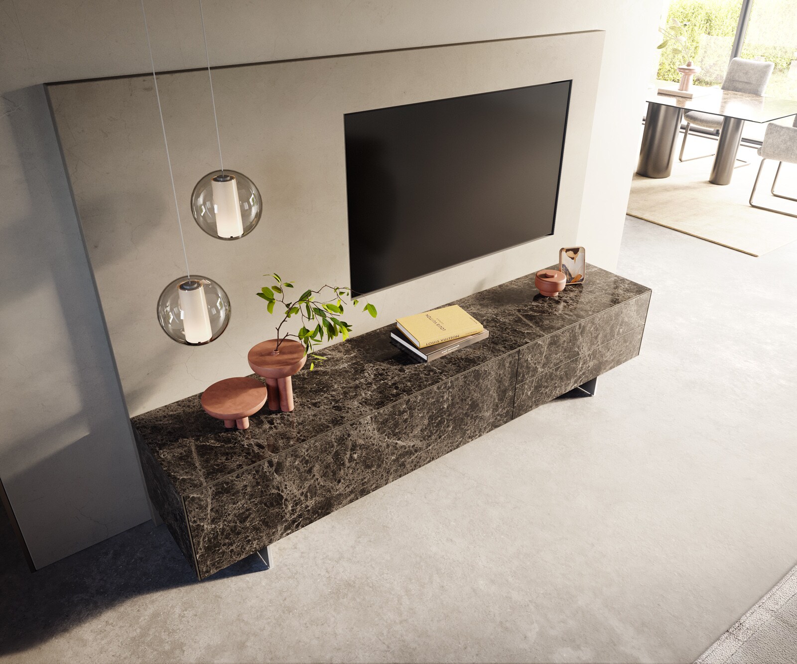 Lowboard Cuor 220 cm Keramik Laminam® Emperador Extra Lucidato Dunkelbraun 1 Klappe 2 Schubfächer Fuß Schwebeoptik Edelstahl 3