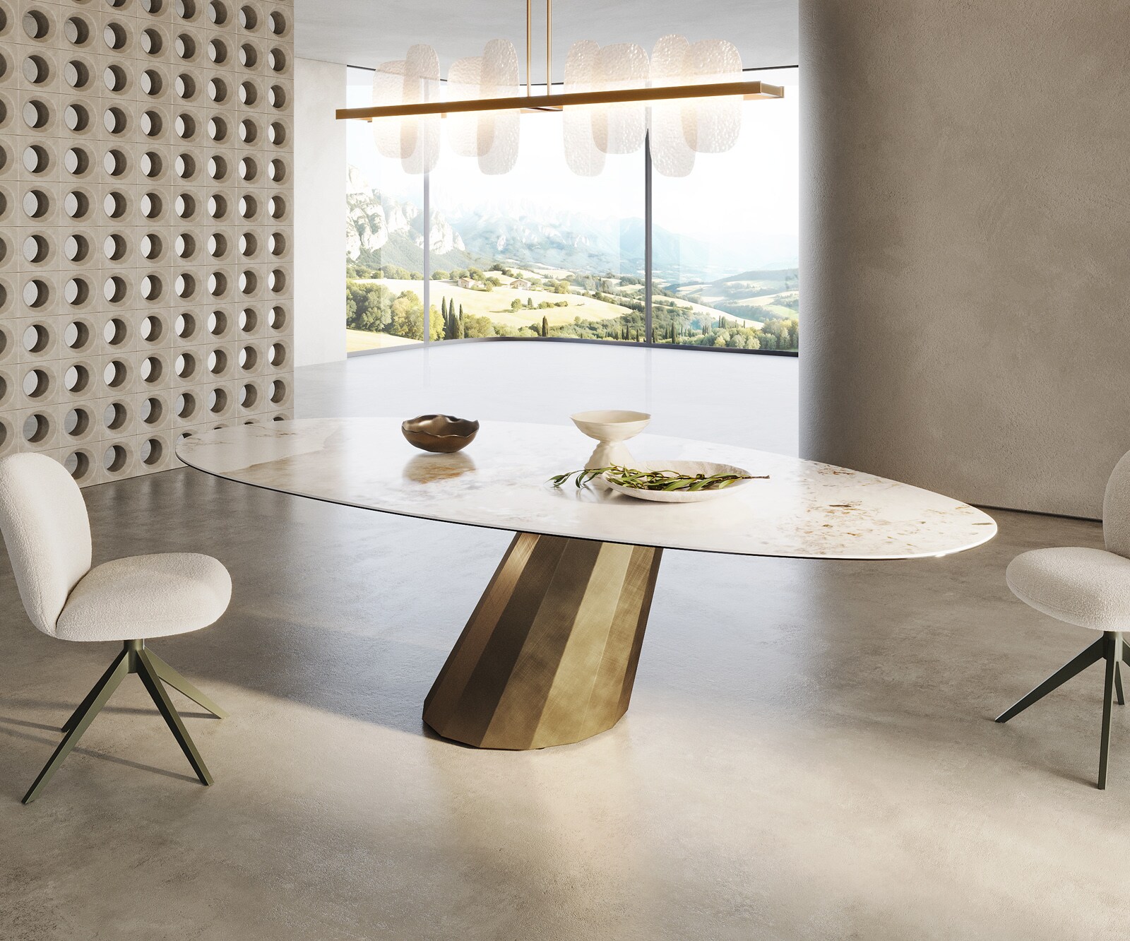 Esstisch Edge Oval 280x130 Keramik Minas Melange Weiß-Beige Parabel Metallic Gold 3
