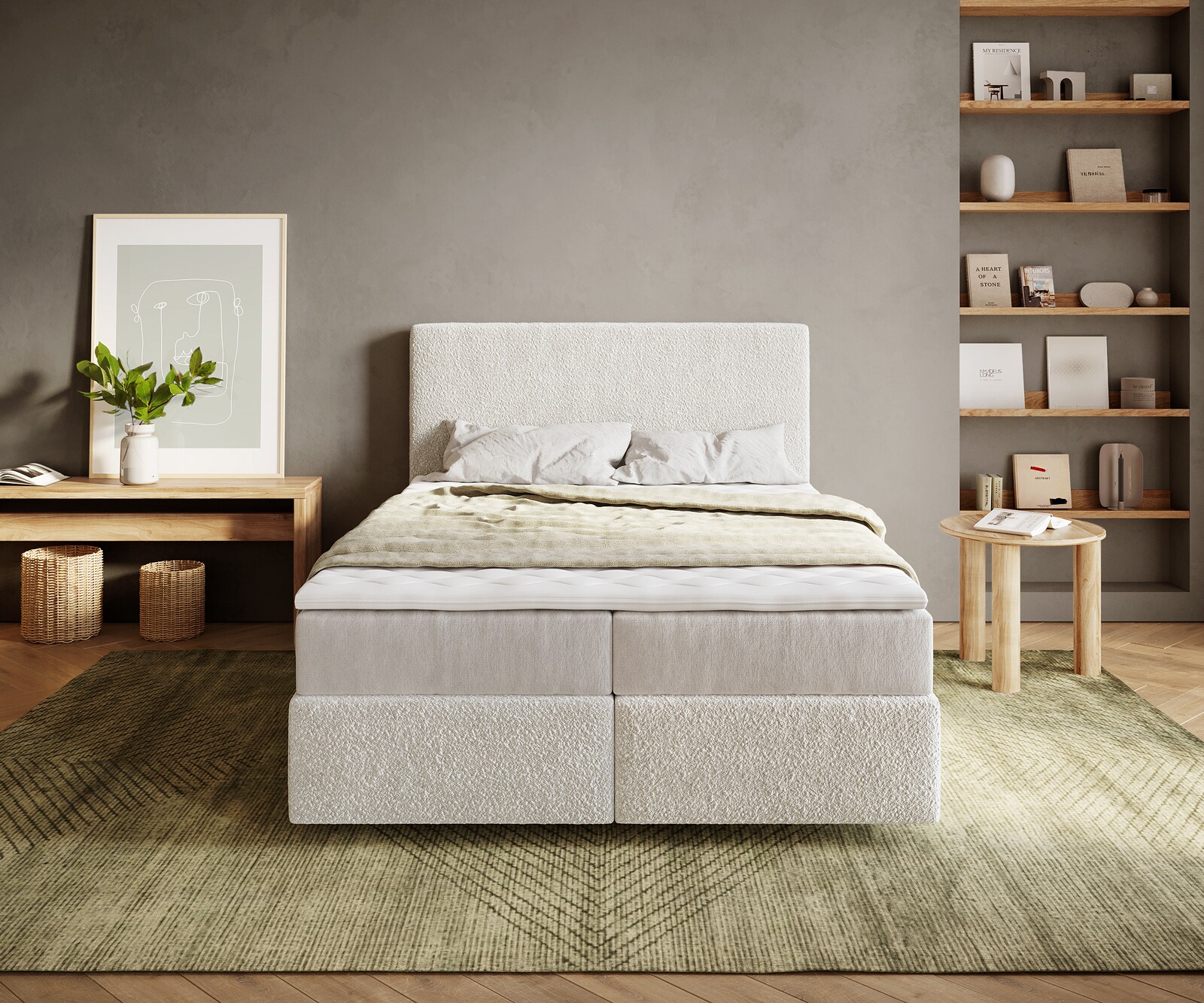 Boxspringbett Dream-Well 140x200 cm Bouclé Creme-Weiß mit Taschenfederkernmatratze und Topper Visco 1