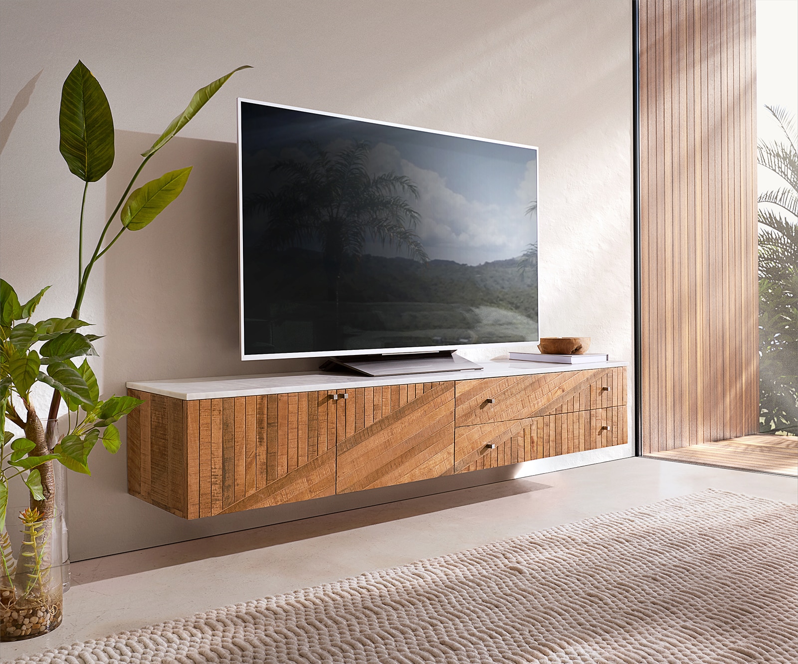 Meuble-TV Bahan 175 cm Mangue Teck 2 portes 2 tiroirs Plateau marbre blanc flottant Meuble-TV Bahan 175 cm Mangue Teck 2 portes 2 tiroirs Plateau marbre blanc flottant