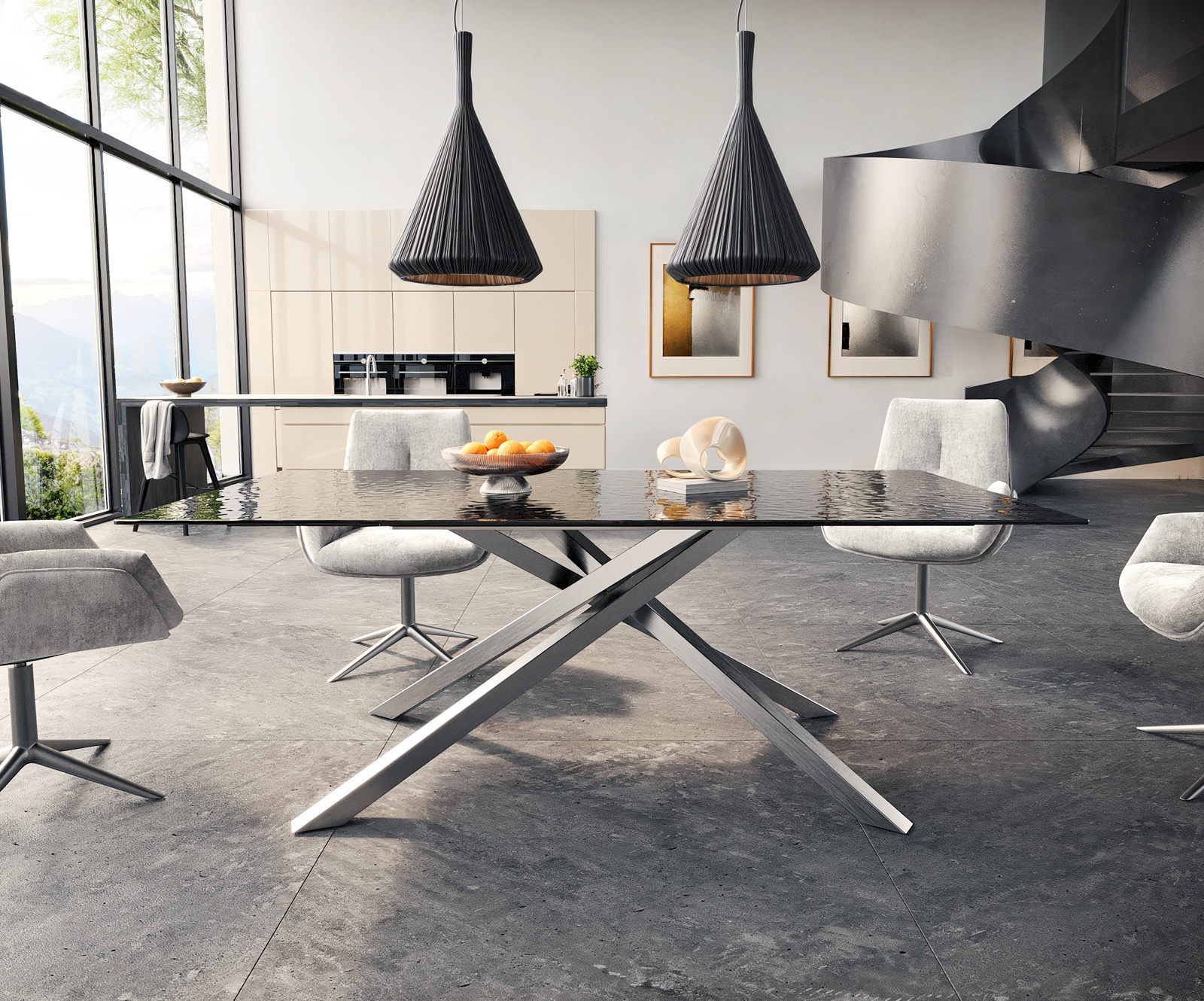 Esstisch Edge 200x100 Reliefglas Rauchschwarz 3D-Design Kreuzgestell Rechteck Edelstahl 1 Esstisch Edge 200x100 Reliefglas Rauchschwarz 3D-Design Kreuzgestell Rechteck Edelstahl 1