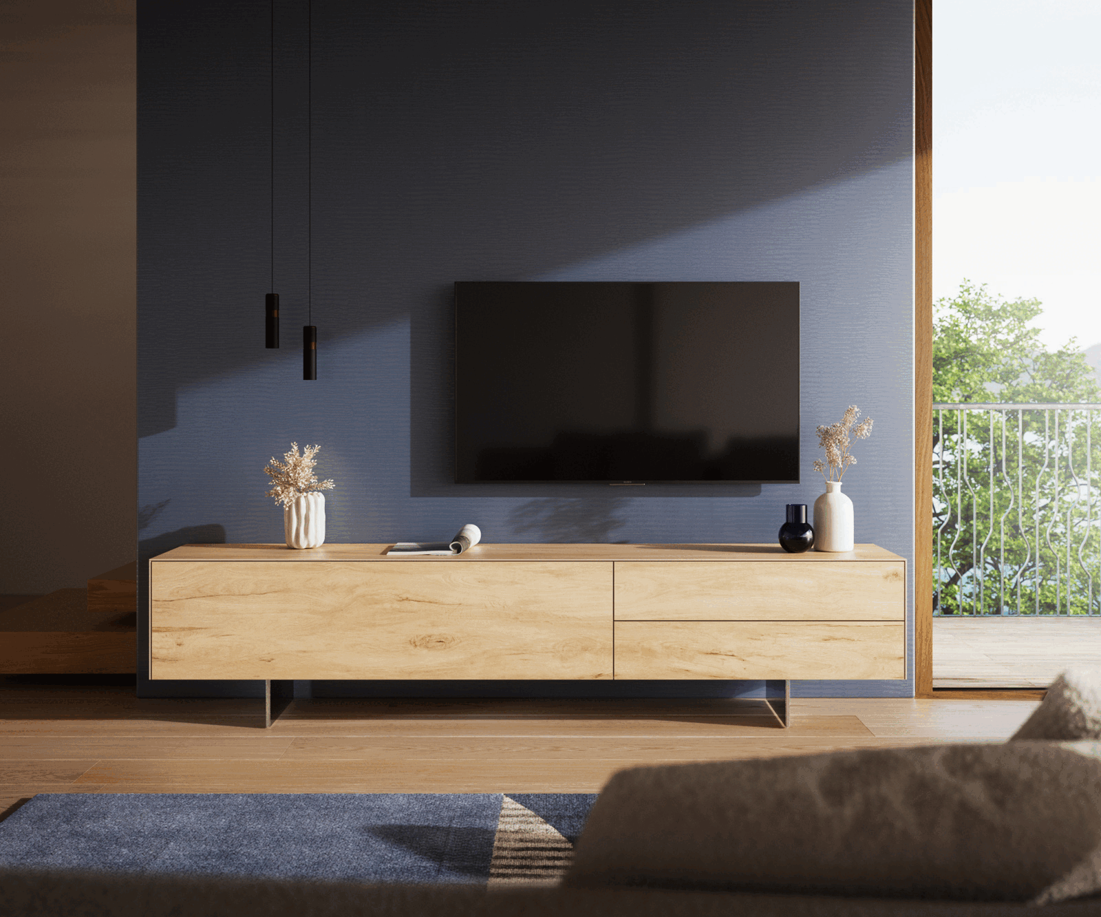 Lowboard Cuor 220 cm Keramik Laminam® Sabbia Eichefarbig 1 Klappe 2 Schubfächer Fuß Schwebeoptik Edelstahl 1