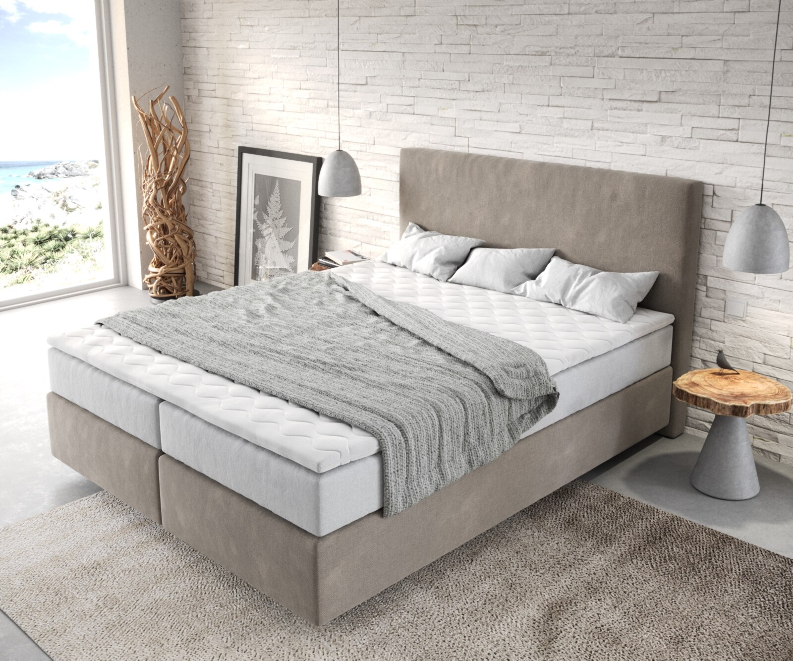 Boxspringbett Dream-Well 160x200 cm Mikrofaser Beige mit TFK Matratze und Visco Topper 3