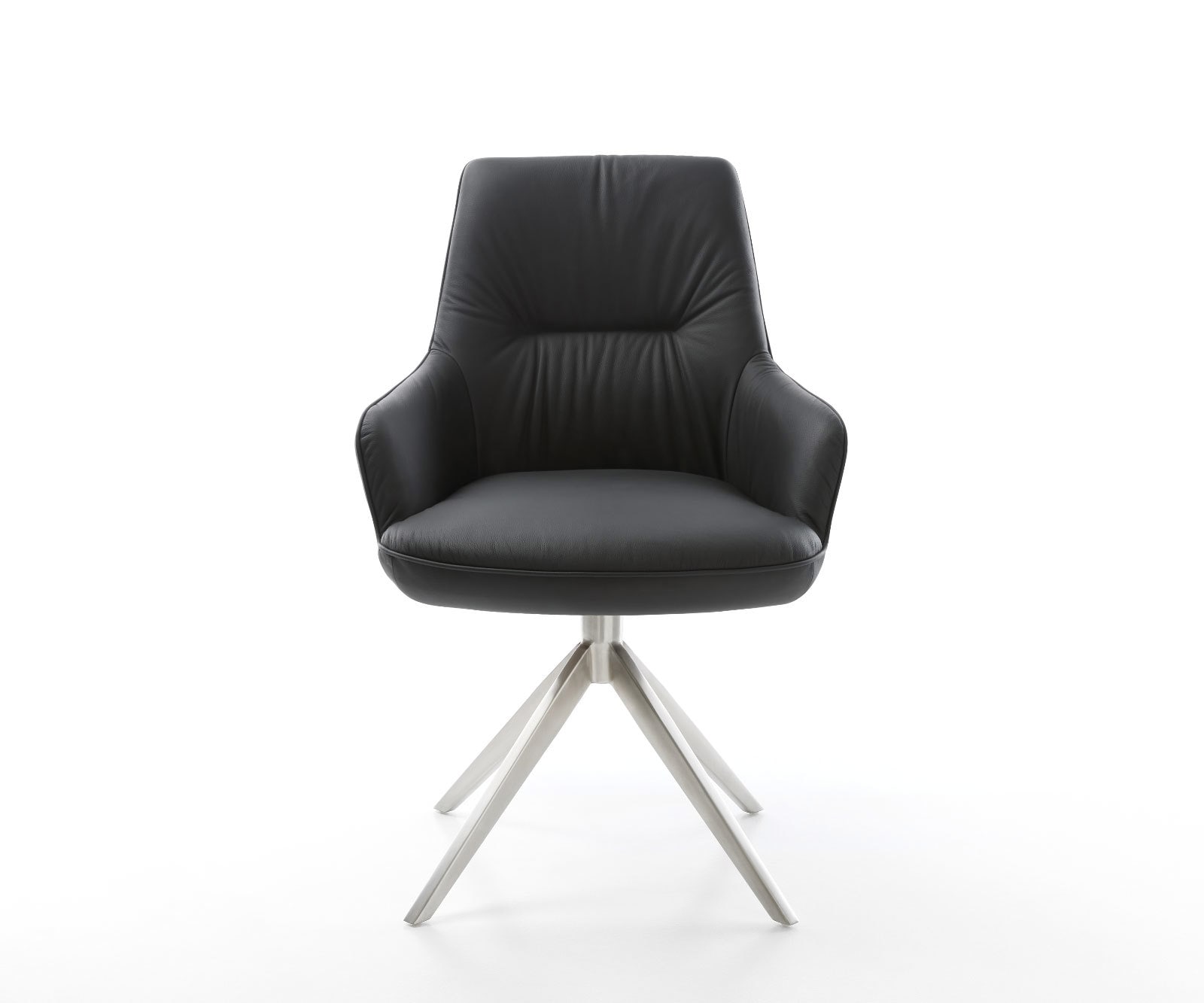 Drehstuhl Zelia-Flex mit Armlehnen Echt-Leder Schwarz Kreuzgestell breit Edelstahl 360° drehbar Wippfunktion Taschenfederkern 2