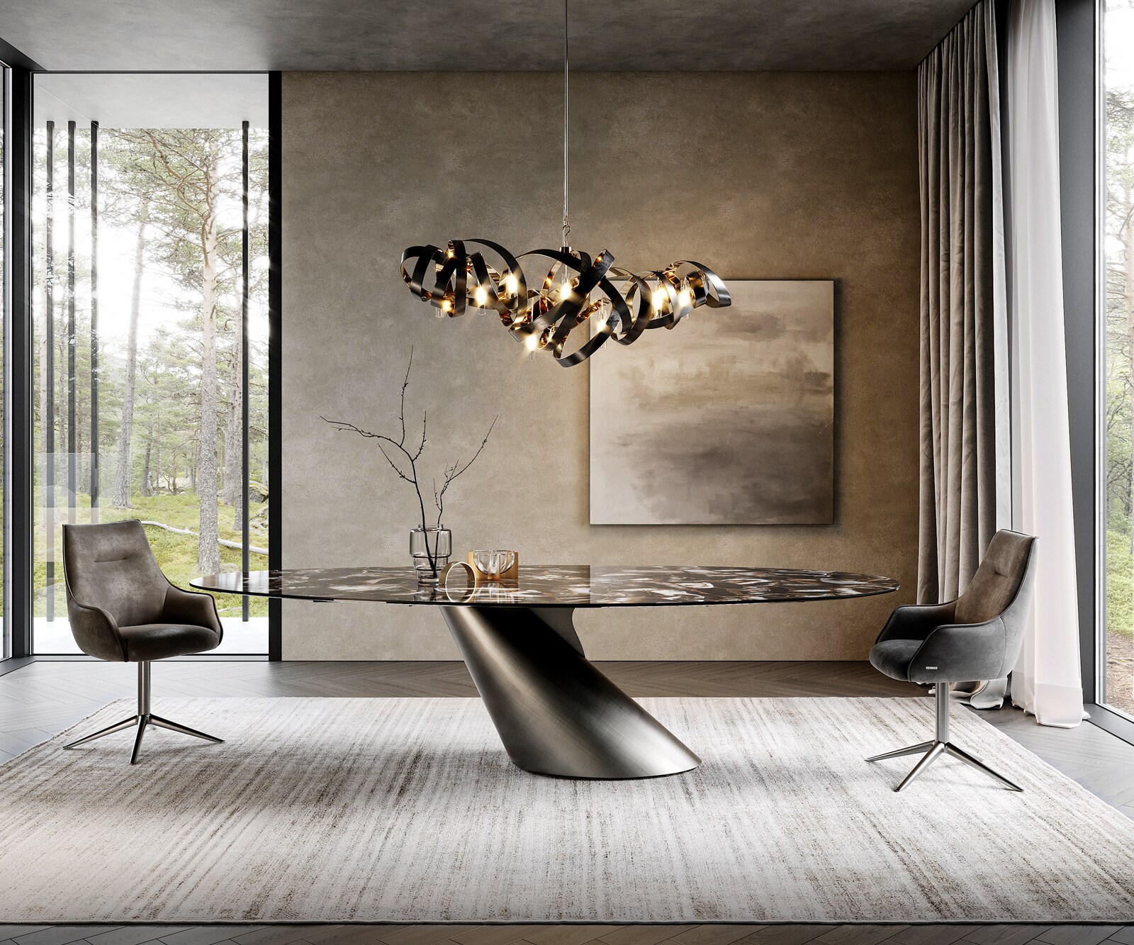 Esstisch Edge Oval 280x130 Keramik Iris FMG Agatablack Cono Metallic Silber