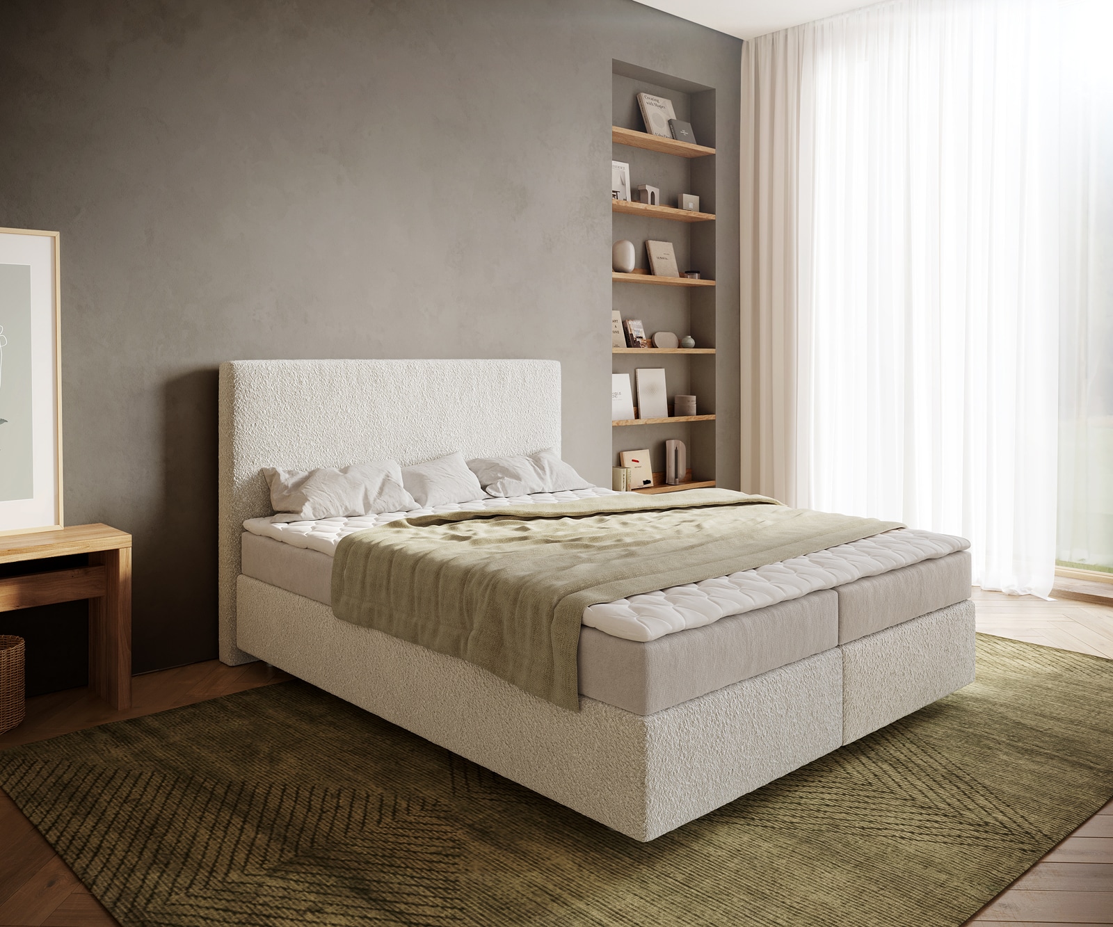 Boxspringbett Dream-Well 160x200 cm Bouclé Creme-Weiß mit Matratze und Topper Boxspringbett Dream-Well 160x200 cm Bouclé Creme-Weiß mit Matratze und Topper