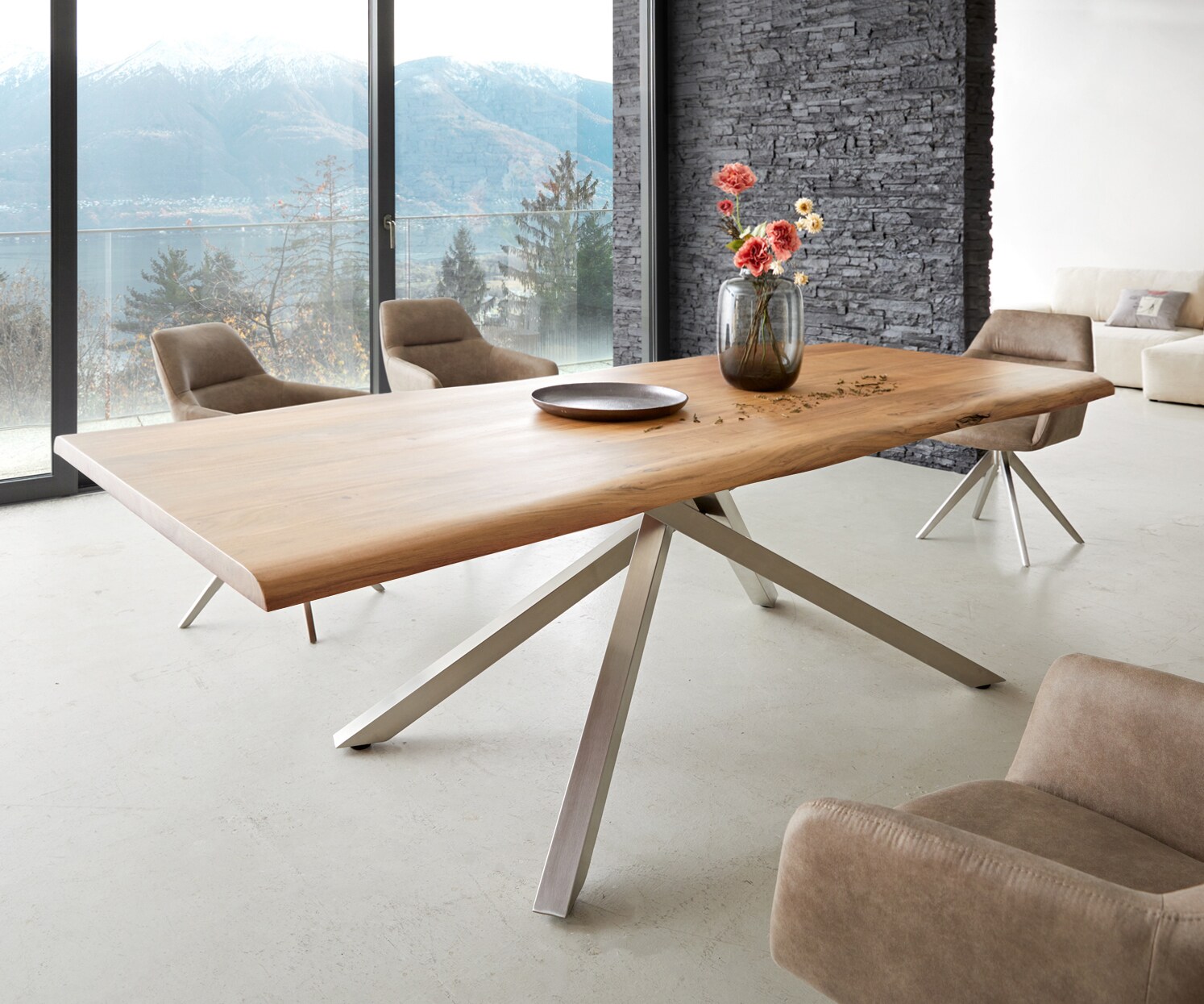 Esstisch Edge 240x100 Akazie Natur Kreuzgestell Rechteck Edelstahl Live-Edge 1