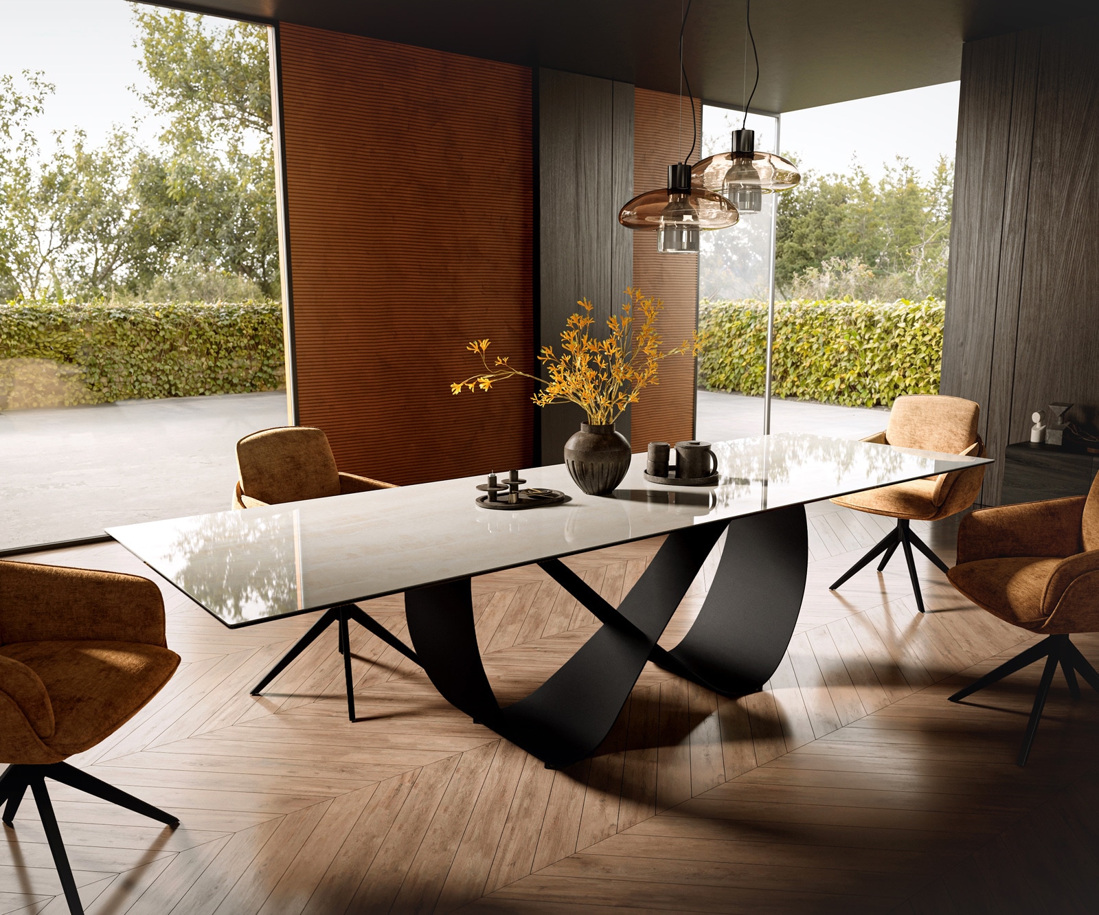Esstisch Edge 300x100 cm Keramik Onyx Champagne Infinity Metall Schwarz