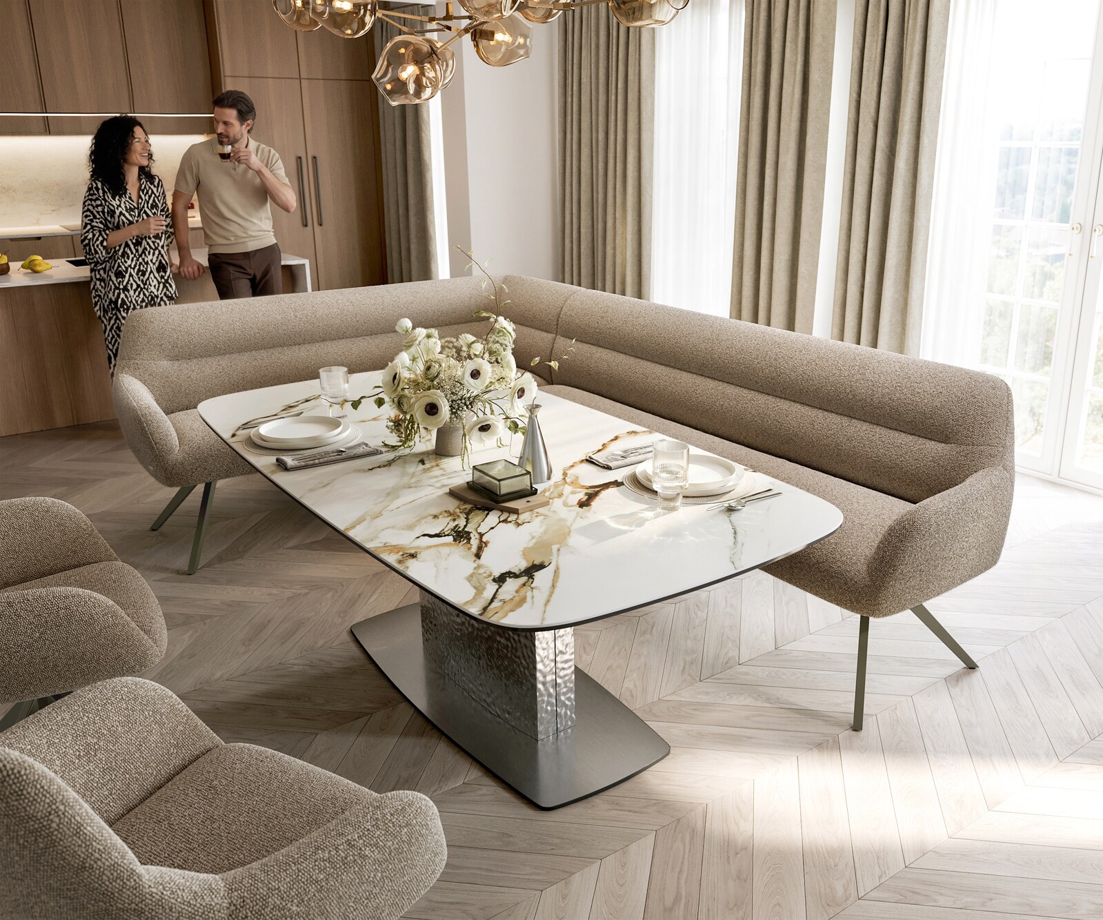 Esszimmerbank Taya-Flex 285x190 cm Bouclé Schlamm Kreuzgestell kantig Effektfinish Titan Taschenfederkern Rechts 1