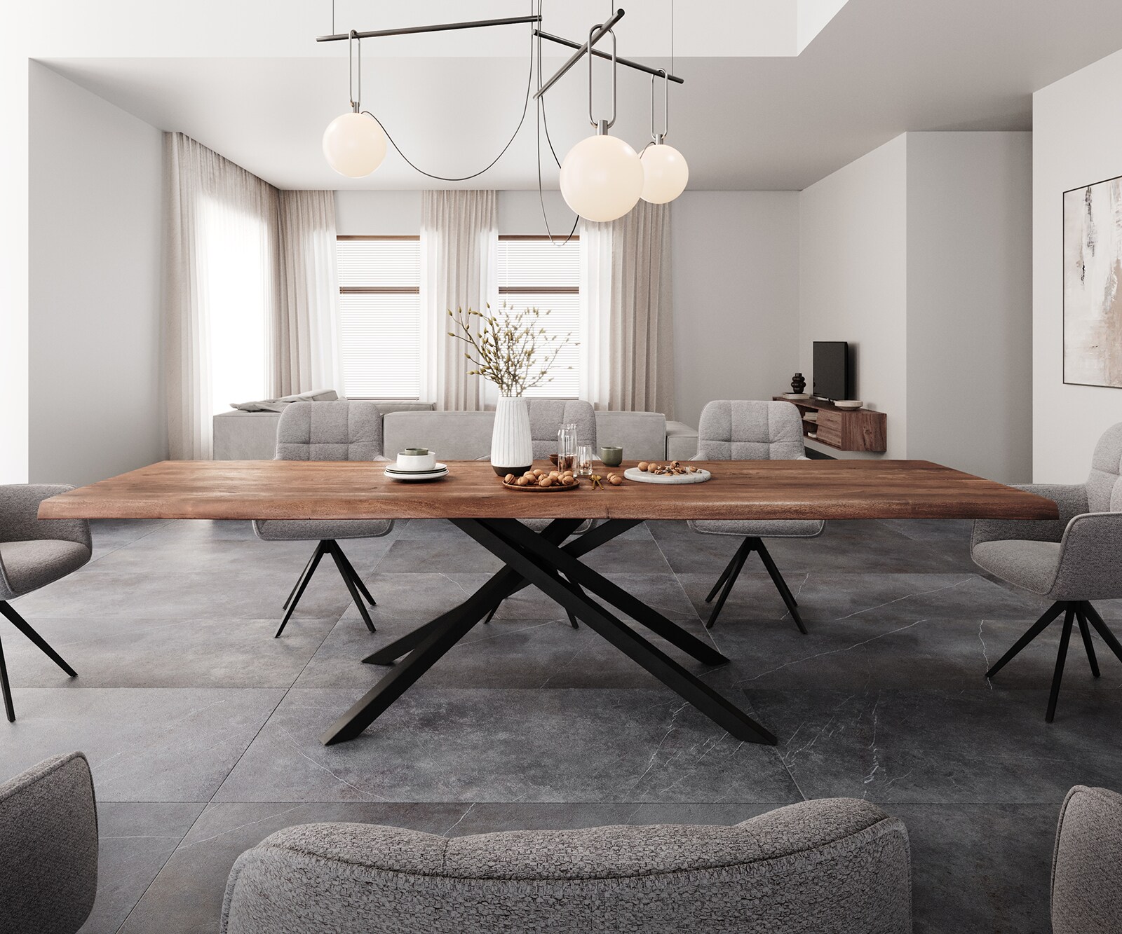 Esstisch Edge 300x100 XL Akazie Braun Kreuzgestell Rechteck Schwarz Live-Edge 2