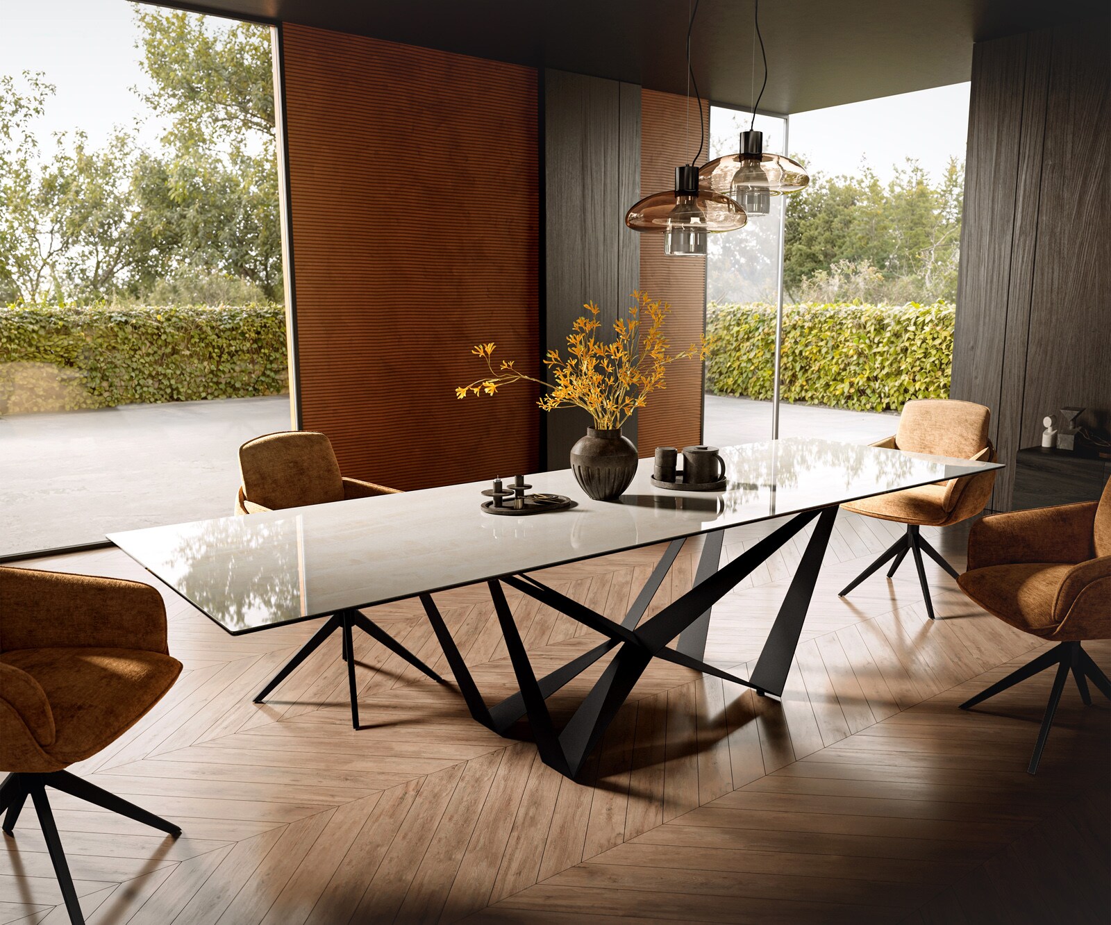 Esstisch Edge 300x100 cm Keramik Onyx Champagne Spider Flachstahl Schwarz 1