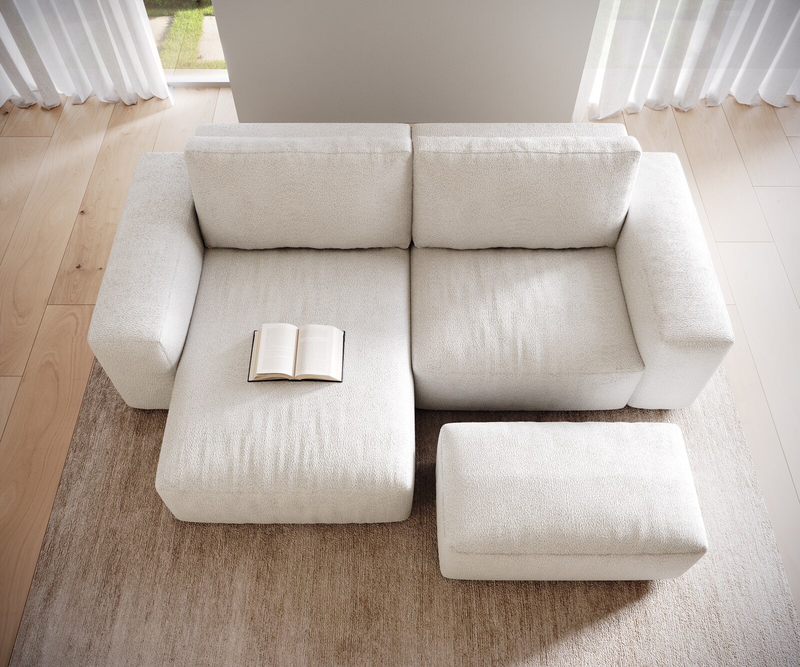 Ecksofa Lanzo 230x155 cm Bouclé Creme-Weiß Recamiere variabel mit Hocker 3