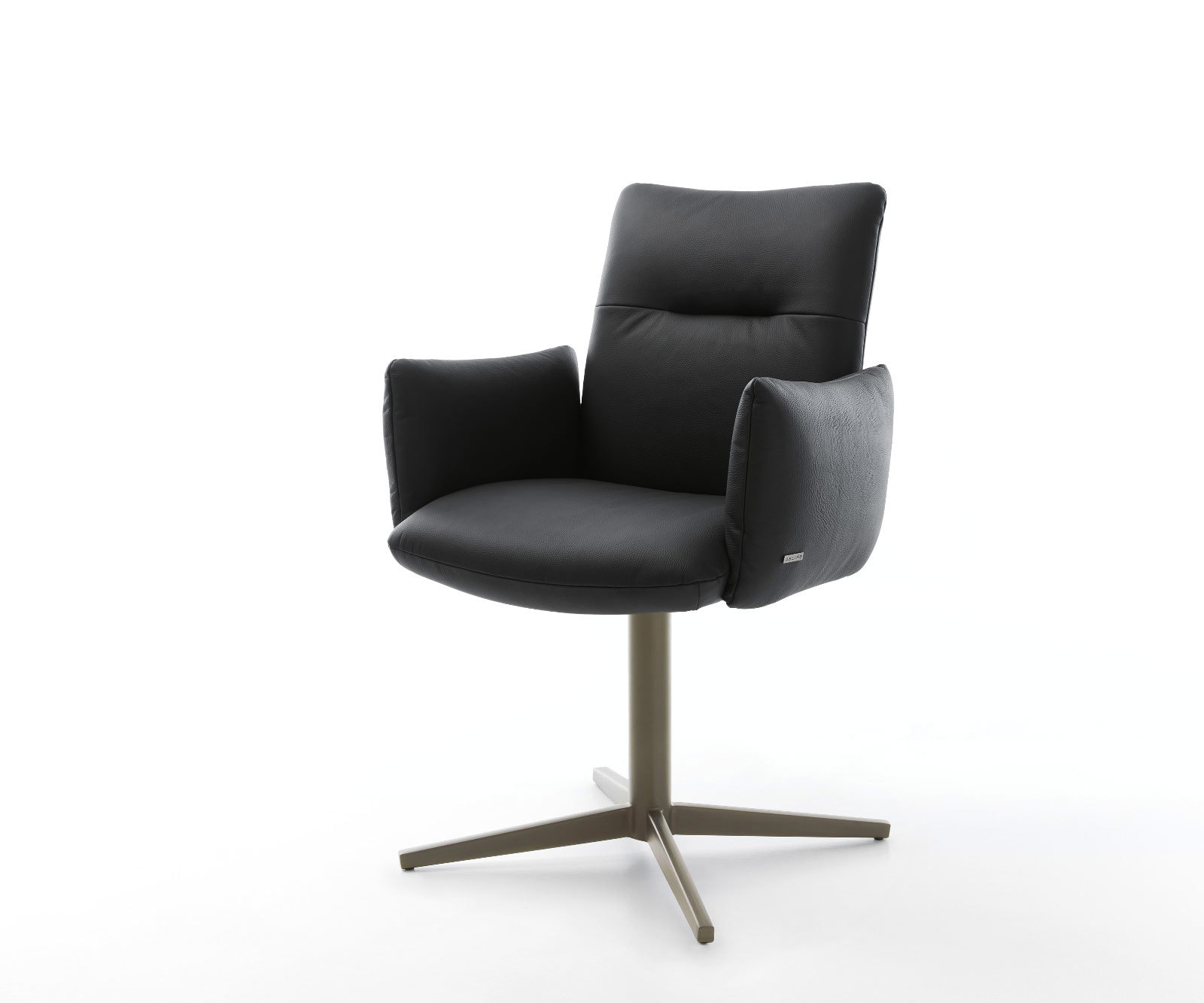 Drehstuhl Jova-Flex mit Armlehnen Echt-Leder Schwarz Fußkreuz Effektfinish Titan 360° drehbar Taschenfederkern