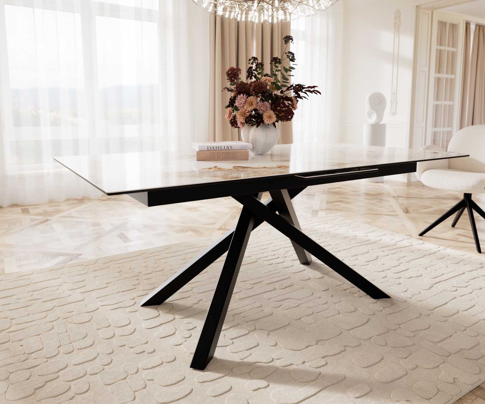 Esstisch Edge 180-220x100 Keramik Minas Melange Weiß-Beige Kreuzgestell Rechteck Schwarz ausziehbar 6