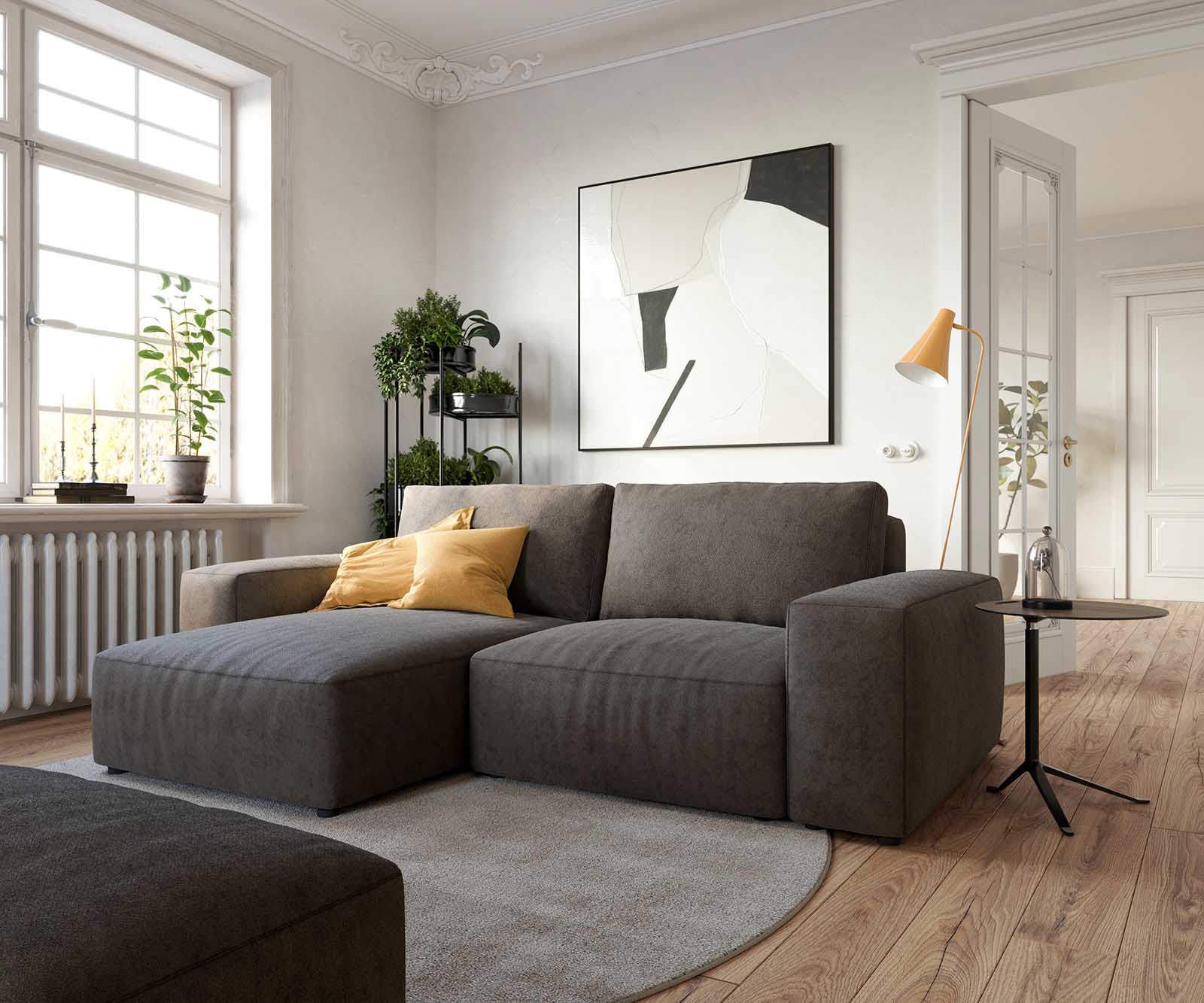 Ecksofa Lanzo 230x155 cm Mikrofaser Khakibraun Recamiere variabel mit Hocker