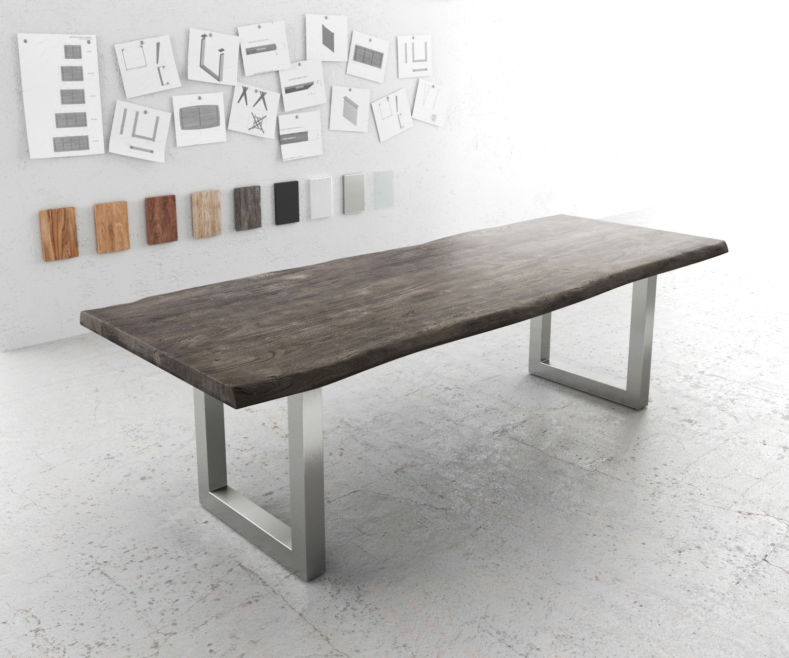Esstisch Edge 260x100 XL Akazie Platin Edelstahl Breit Live-Edge