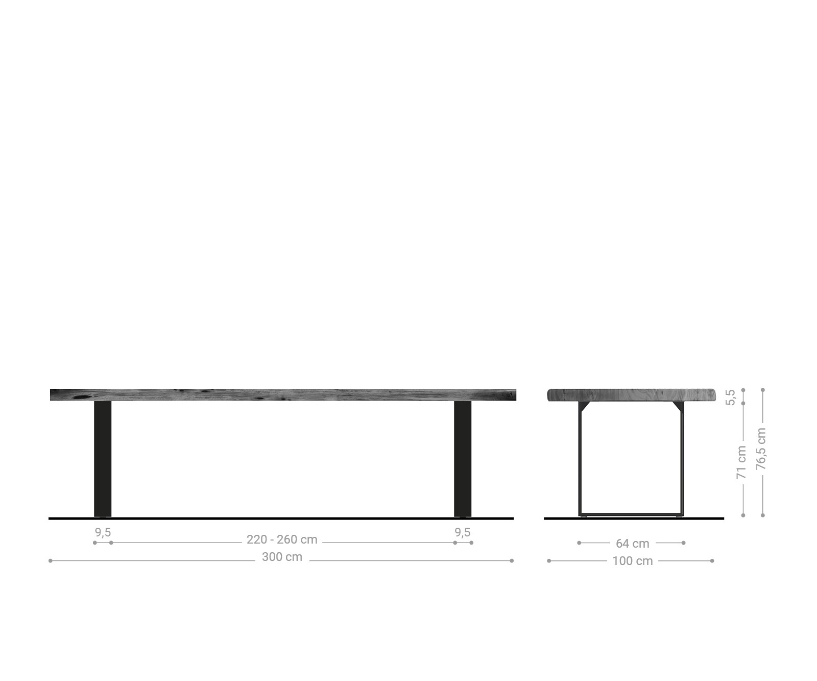 Esstisch Edge 300x100 XL Akazie Braun Edelstahl Schmal Live-Edge 6