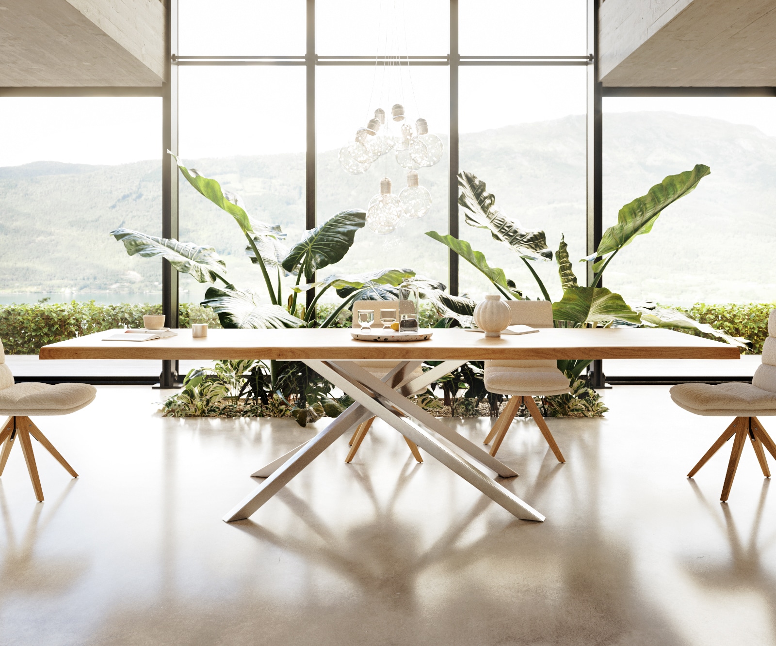 Esstisch Edge 300x100 Eiche Natur Kreuzgestell Rechteck Edelstahl Live-Edge 4