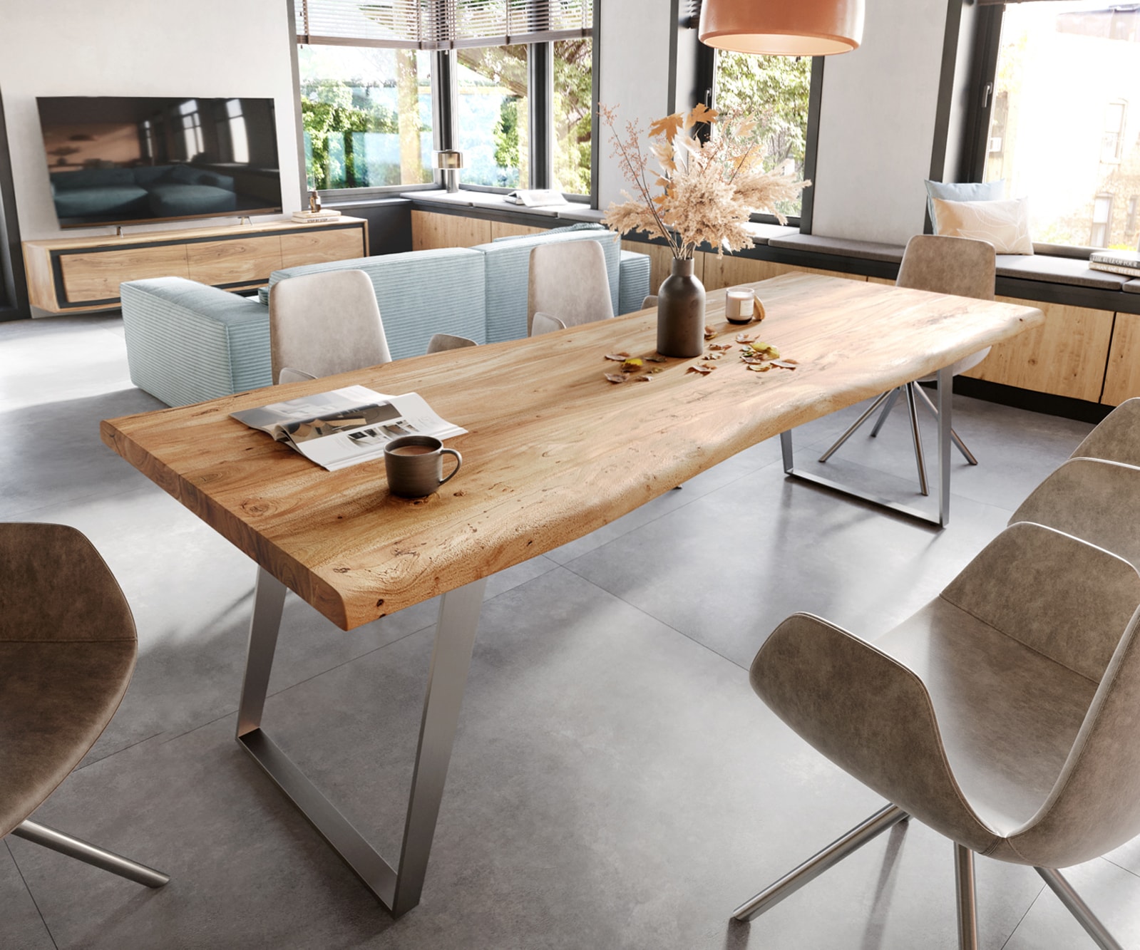 Esstisch Edge 280x100 XL Akazie Natur Edelstahl Schräg Live-Edge 1