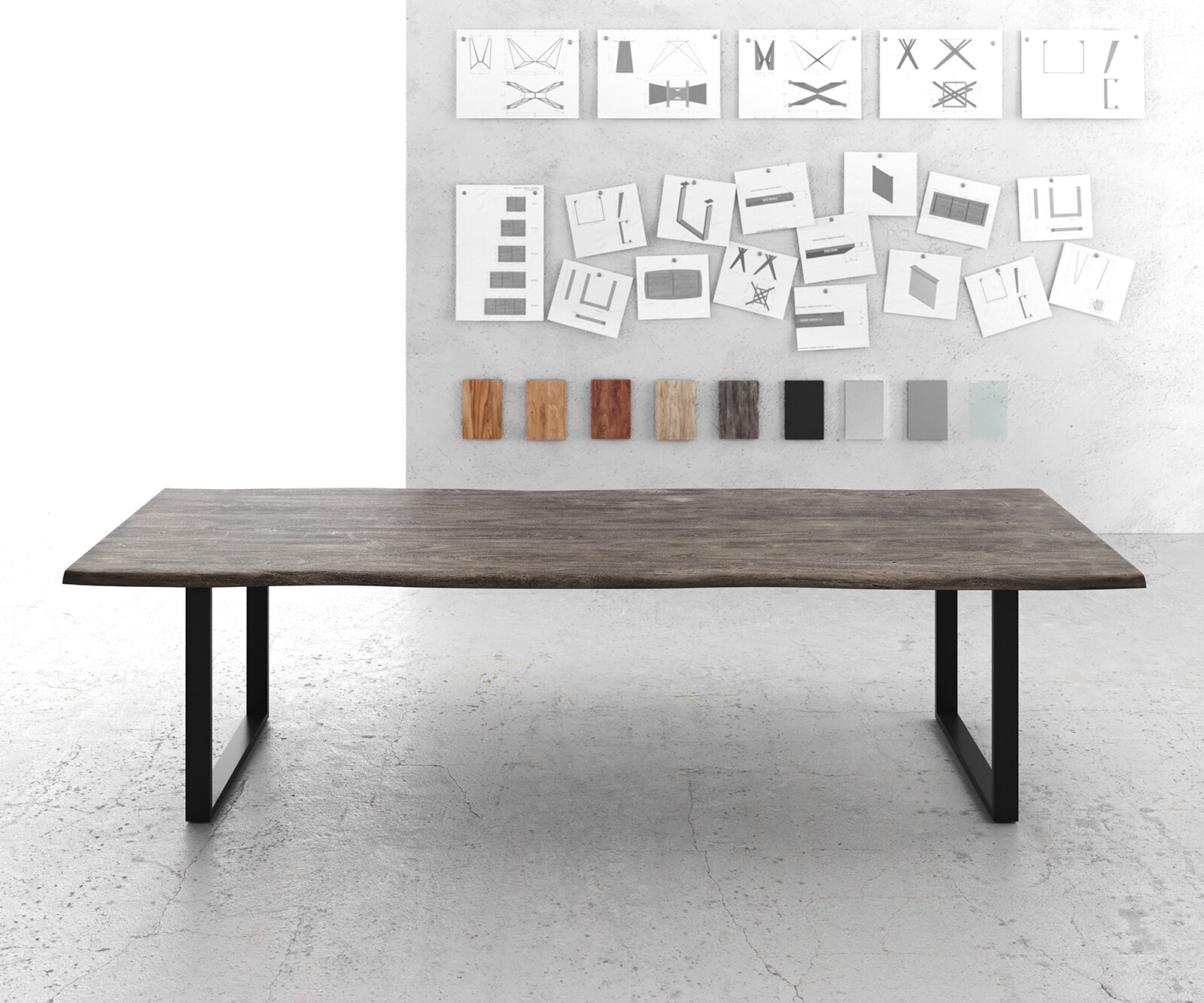 Esstisch Edge 300x100 XL Akazie Platin Metall Schmal schwarz Live-Edge 1
