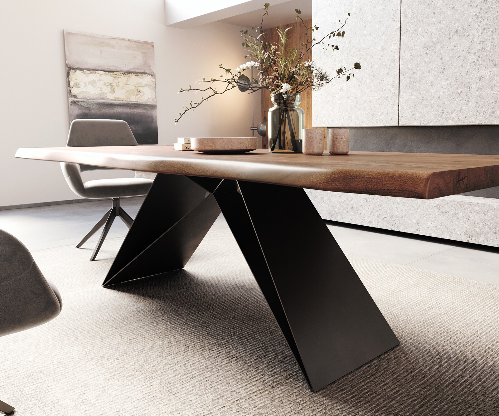 Esstisch Edge 260x100 XL Akazie Braun V-Gestell Flachstahl Schwarz Live-Edge 5