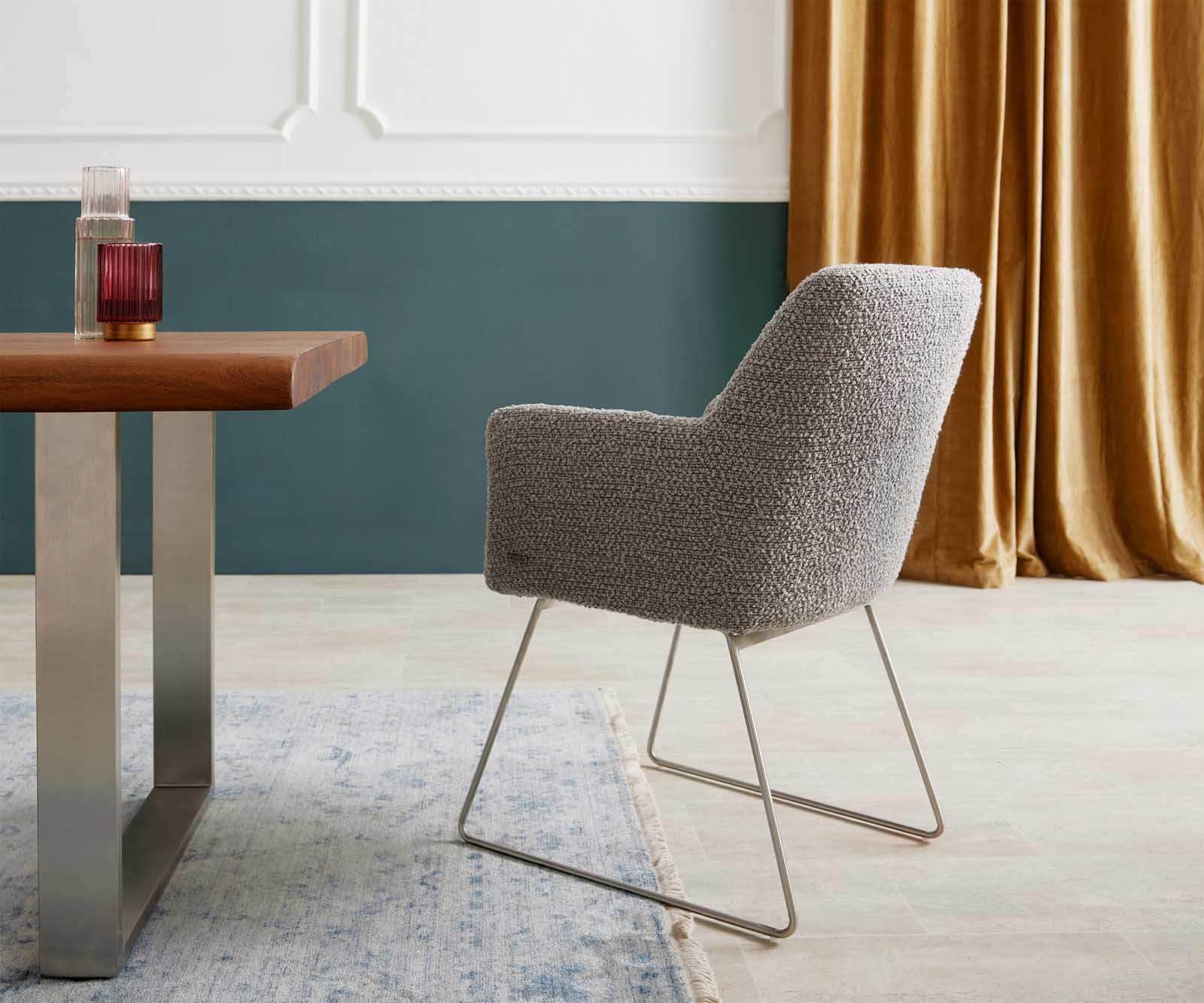 Esszimmerstuhl Xana-Flex mit Armlehnen Bouclé Silbergrau Kufengestell Edelstahl Taschenfederkern 4 Esszimmerstuhl Xana-Flex mit Armlehnen Bouclé Silbergrau Kufengestell Edelstahl Taschenfederkern 4