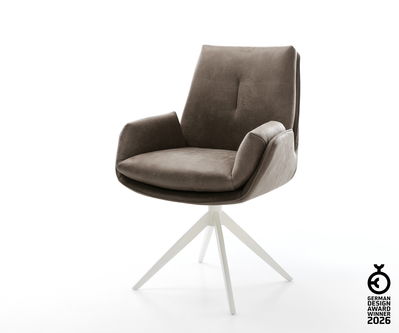 Drehstuhl Clea-Flex Mikrofaser Taupe Vintage Kreuzgestell breit Weiß 360° drehbar Wippfunktion