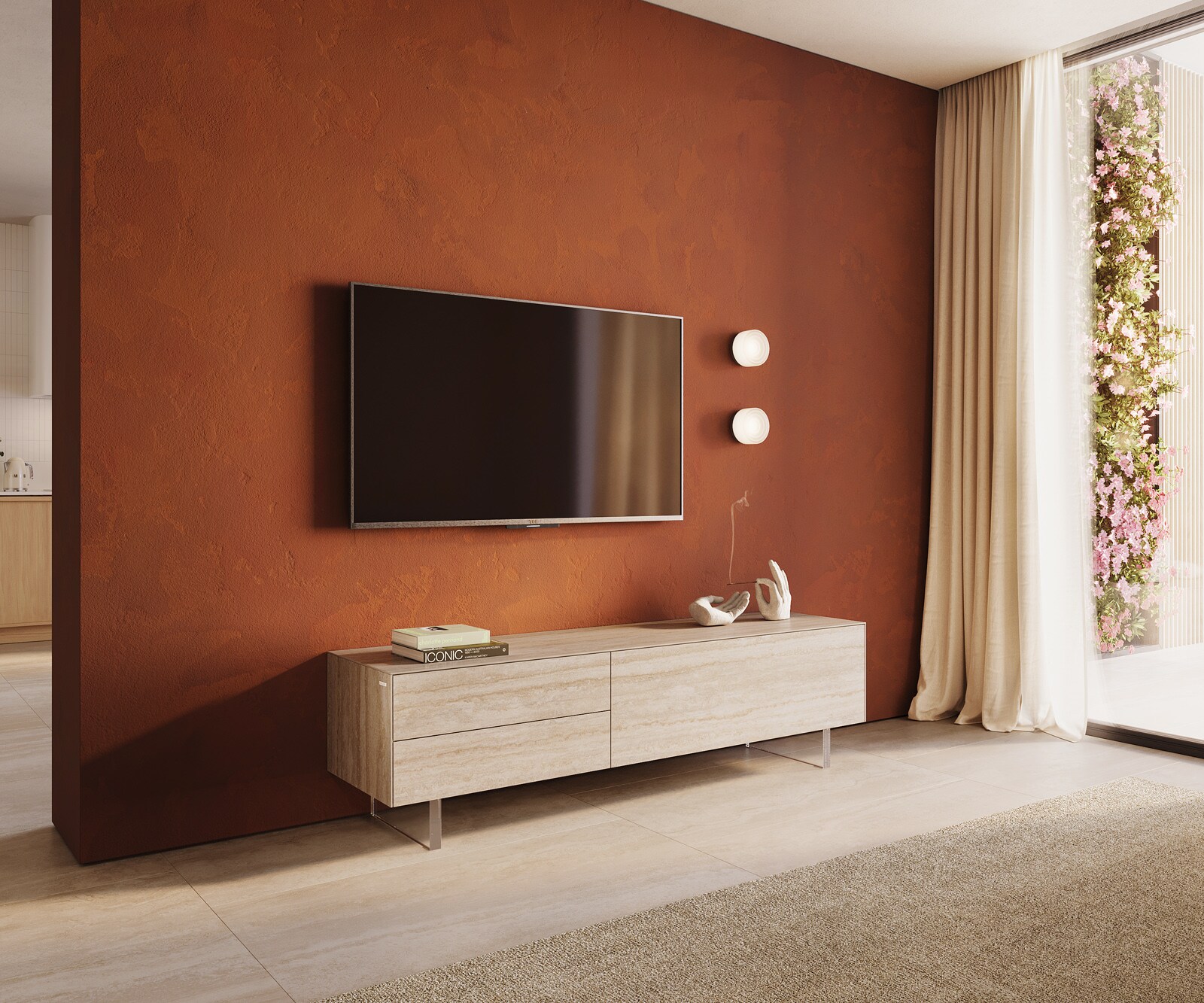 Lowboard Cuor 180 cm Keramik Laminam® Travertino Bianco Creme-Weiß 1 Klappe 2 Schubfächer Fuß Schwebeoptik Acrylglas 1