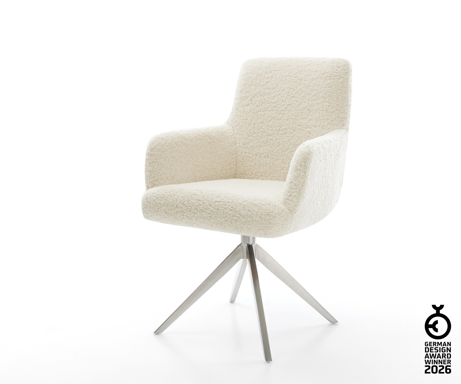 Drehstuhl Heira-Flex mit Armlehnen Teddystoff Beige Kreuzgestell breit Edelstahl 360° drehbar Wippfunktion Taschenfederkern