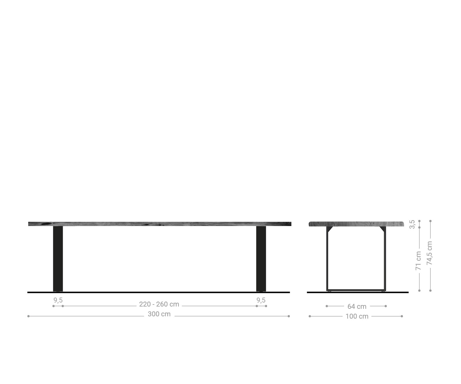 Esstisch Edge 300x100 Akazie Braun Edelstahl Schmal Live-Edge 4