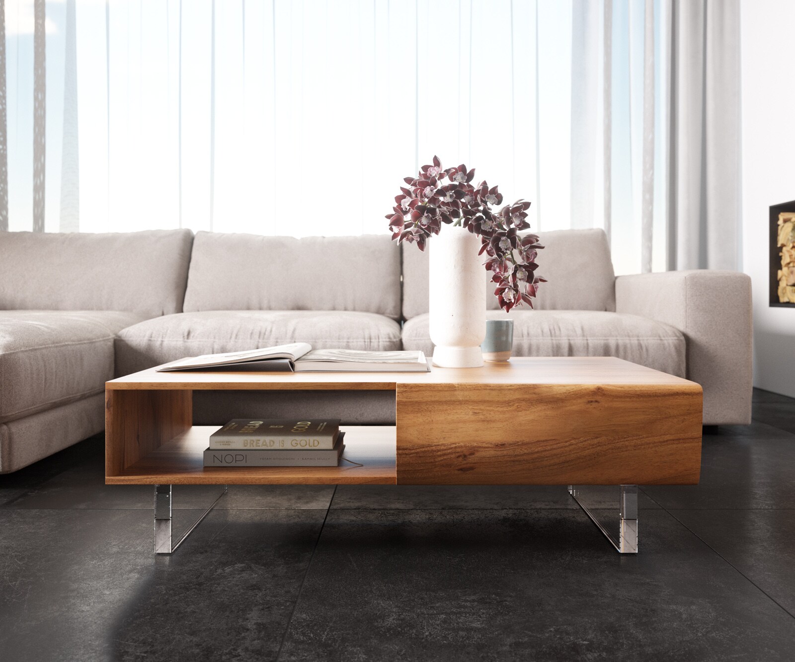 Couchtisch New Live-Edge 115x60 cm Akazie Natur 2 Schubladen 1 Fach Acrylfuß 1