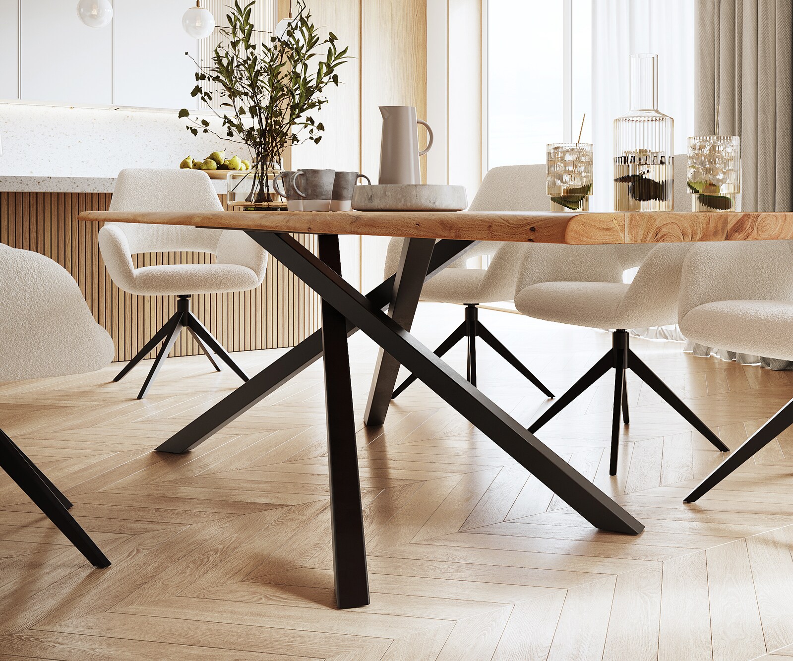 Esstisch Edge 300x100 Akazie Natur Kreuzgestell Rechteck Schwarz Live-Edge 4
