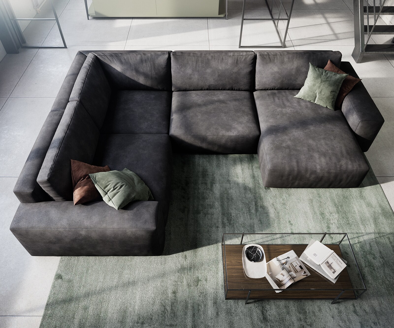 Wohnlandschaft Lanzo 300x210 cm Lederimitat Vintage Anthrazit Recamiere variabel 3