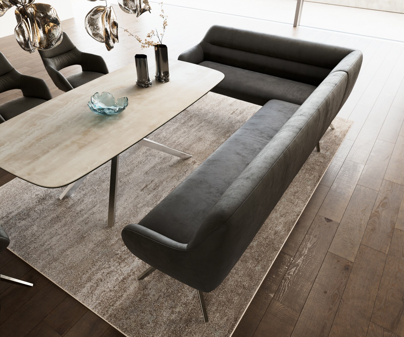 Esszimmerbank Taya-Flex 285x190 cm Mikrofaser Anthrazit Vintage Kreuzgestell kantig Edelstahl Taschenfederkern Rechts 3