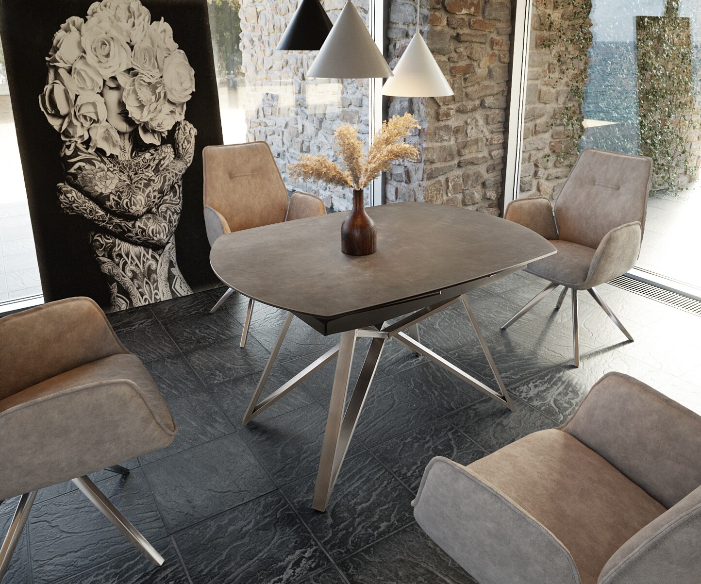 Esstisch Carlow 130/200x95 cm Keramik Braun Edelstahl ausziehbar 1