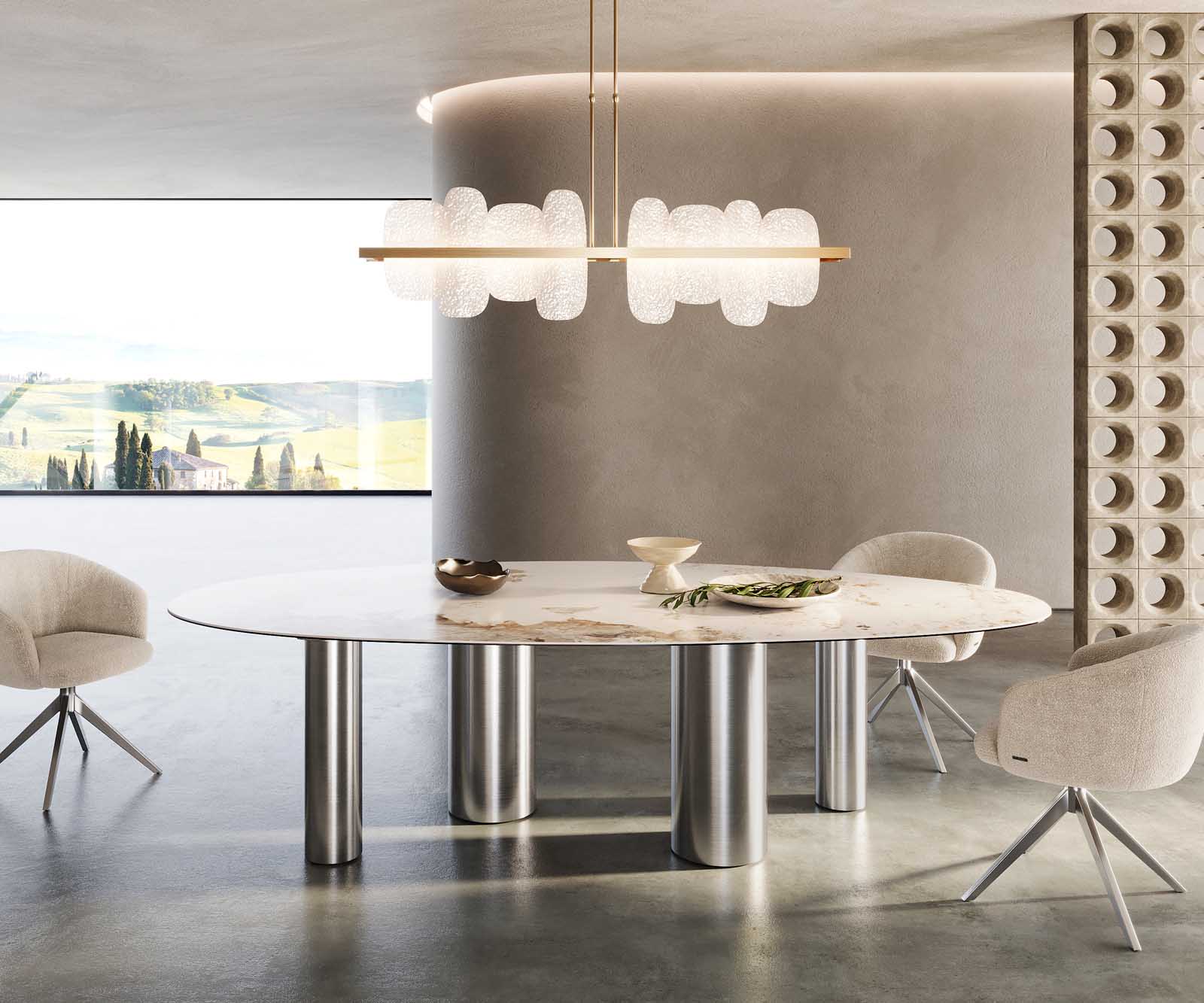 Esstisch Edge Oval 280x130 Keramik Minas Melange Weiß-Beige Pilier Edelstahl 1